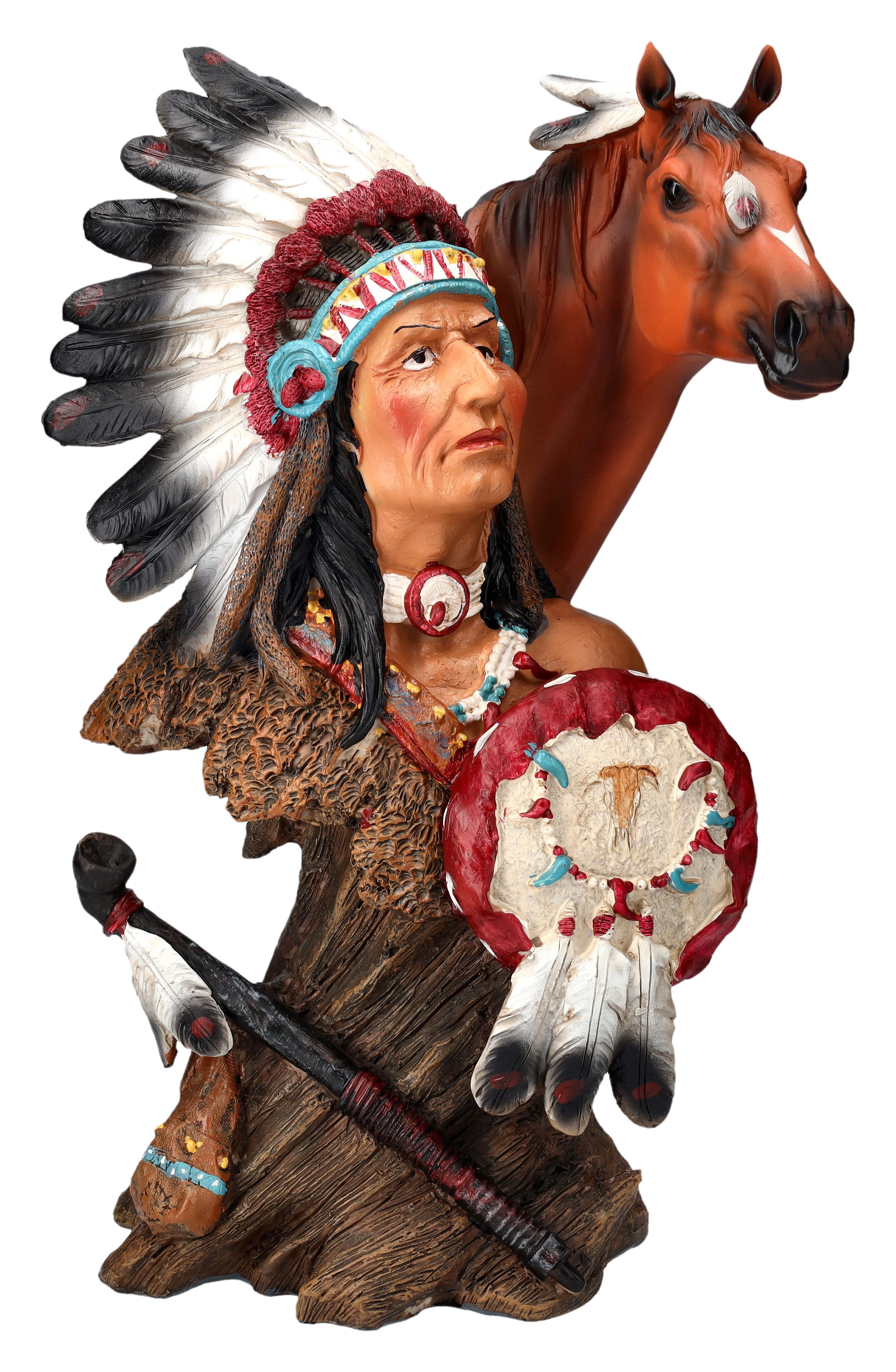 Figuren Shop GmbH Fantasy-Figur Amerikanischer Ureinwohner Figur - Häuptling Büste Pferd Wilder Westen