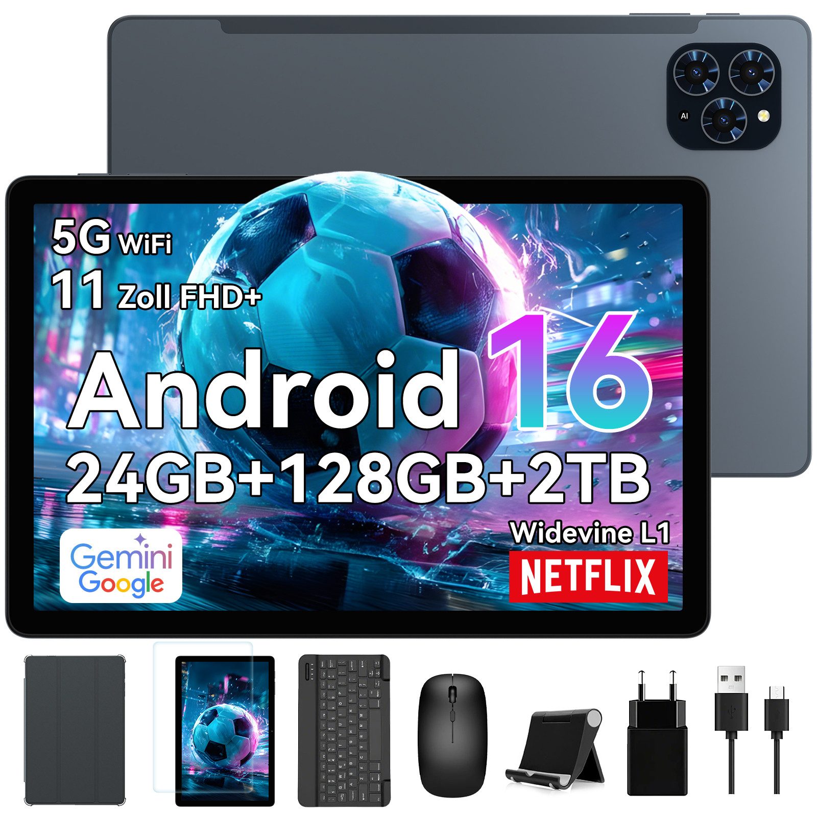 TABWEE T90 11" FHD Android 16 WiFi incl. Tastatur/Maus/Hülle Tablet (11", 128 GB, Android16, FHD Display, Android 16, KI-Unterstützung, mit Zubehör)