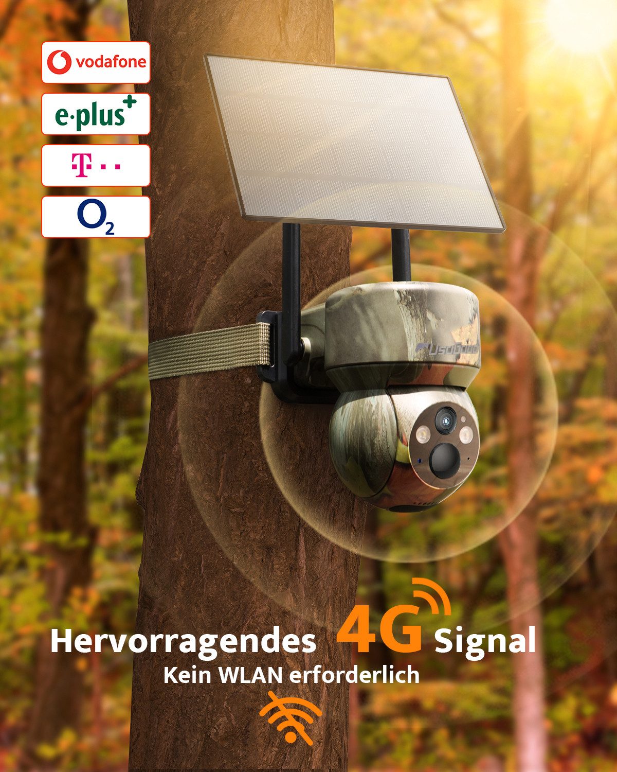 Usogood Wildkamera 4G LTE Überwachungskamera Aussen Solar Wildkamera (Außenbereich Sicherheit, Wild & Jagd, für Wildlife Monitoring, 2K Überwachungskamera Akku mit SIM Karte, 1-tlg., Outdoor Kamera Kabellos mit Bewegungsmelder Wasserdicht, Nachtsicht Farbe Jagdkamera für Naturbeobachtung, Jagd)