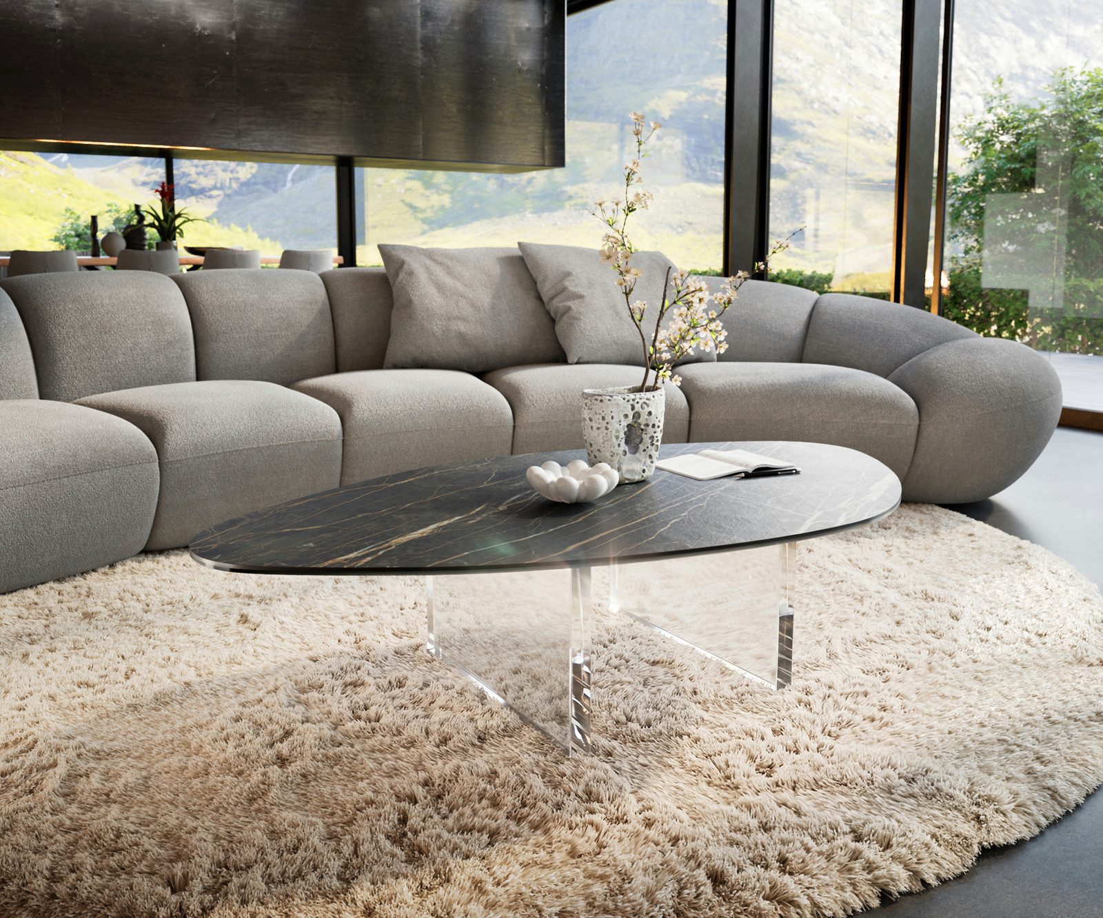 DELIFE Couchtisch Edge, Organisch 140x76 cm Keramik Laminam® Noir Desir Braun Lumia Acryl