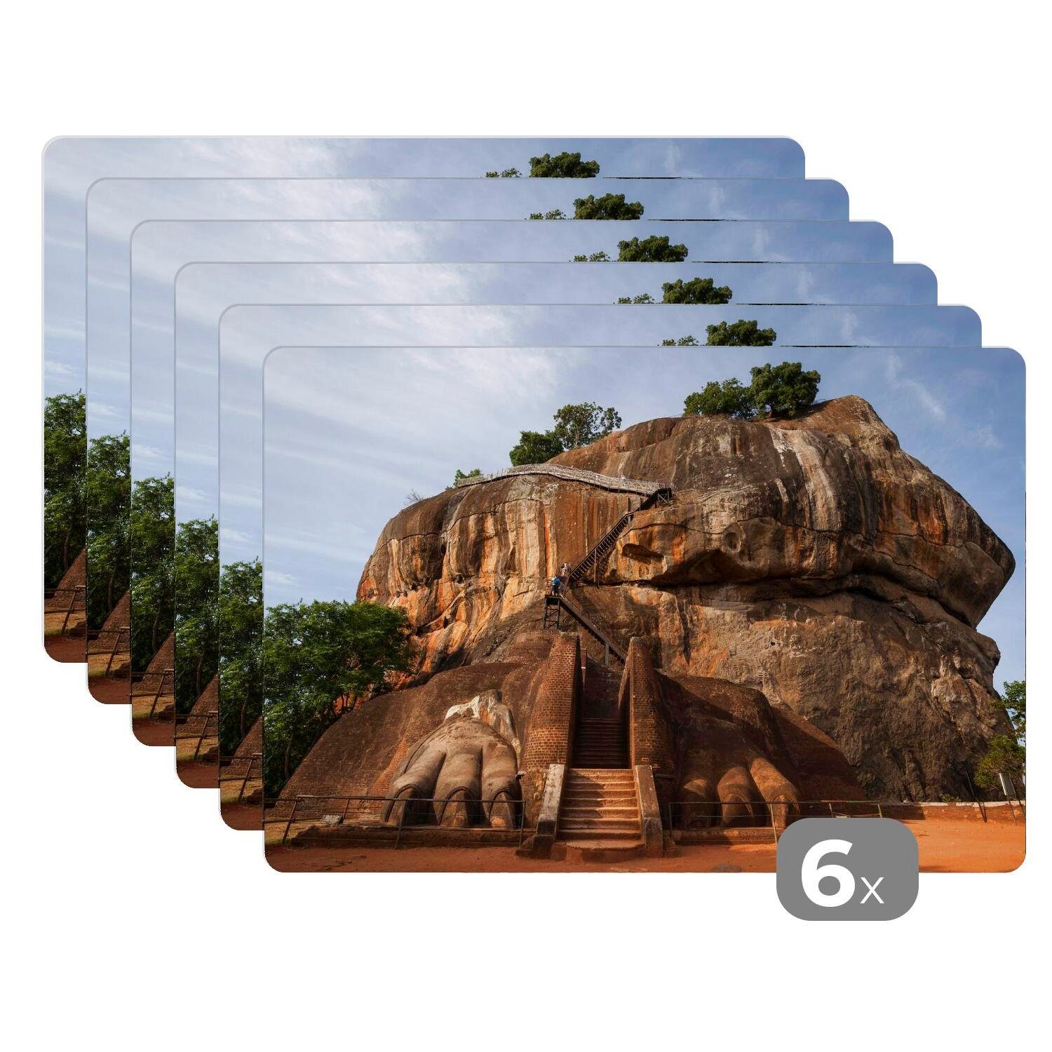Löwentreppe Löwenfelsen, Sigiriya-Felsen Platzset, Die dem Platzdecken, auf Tischmatten, Platzset, (6-St), MuchoWow, Platzmatte, dem oder Schmutzabweisend