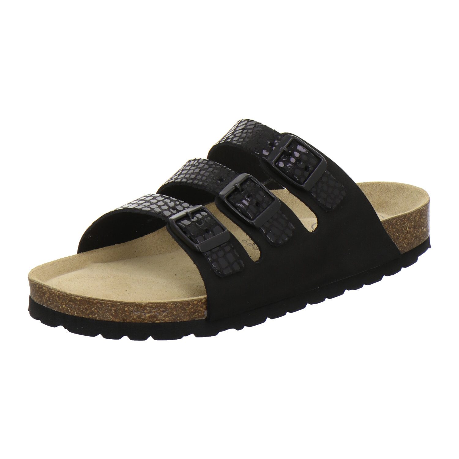 AFS-Schuhe 213397 Dreischnaller Pantolette für Damen mit Fußbett, bequeme Sandalen aus Leder