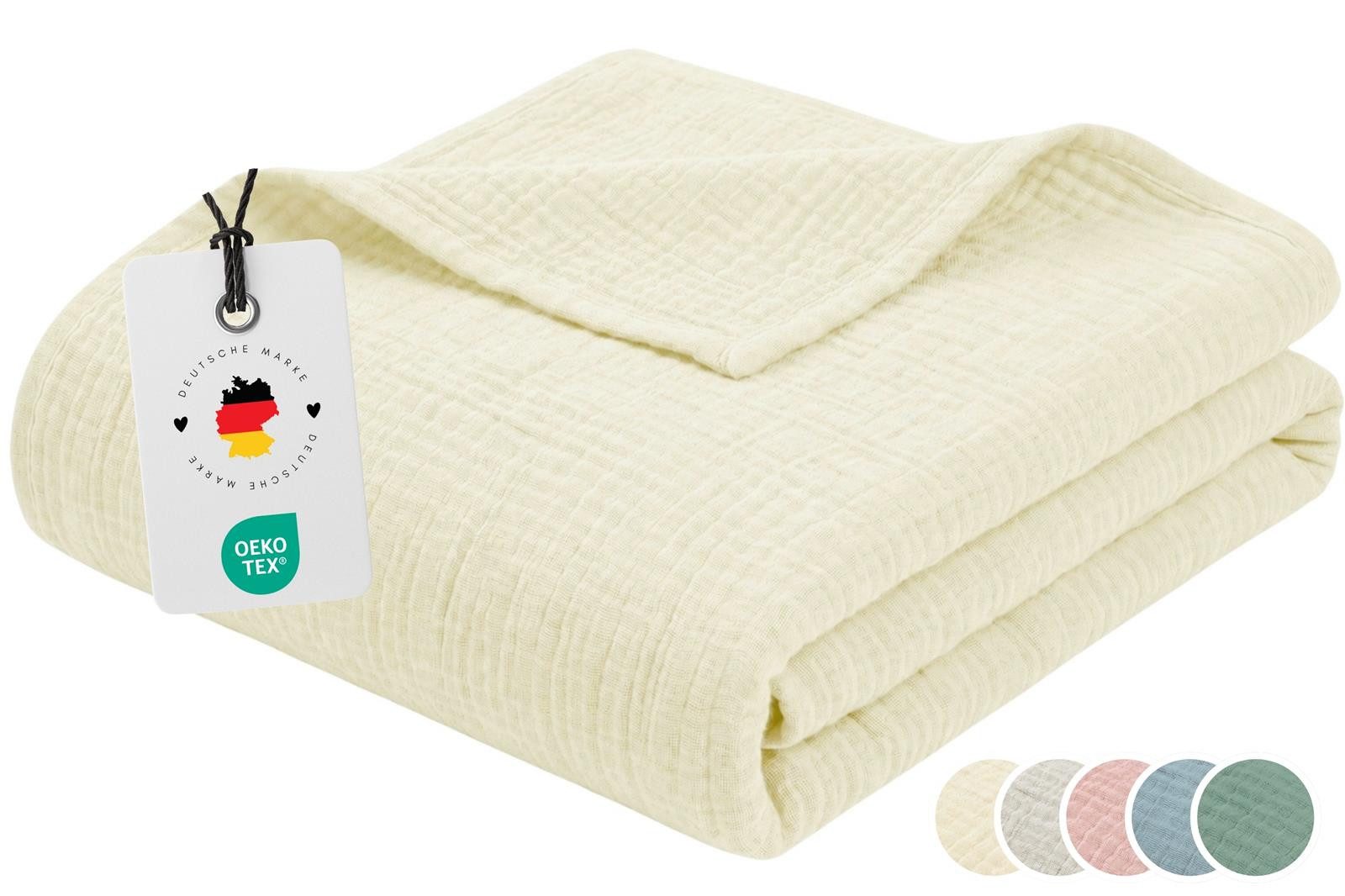 Wohndecke Musselin Decke 150 x 200 100% Baumwolle Kuscheldecke Tagesdecke Plaid, Carpe Sonno, Leichte Musselindecke für Sofa Couch Wohnzimmer Creme