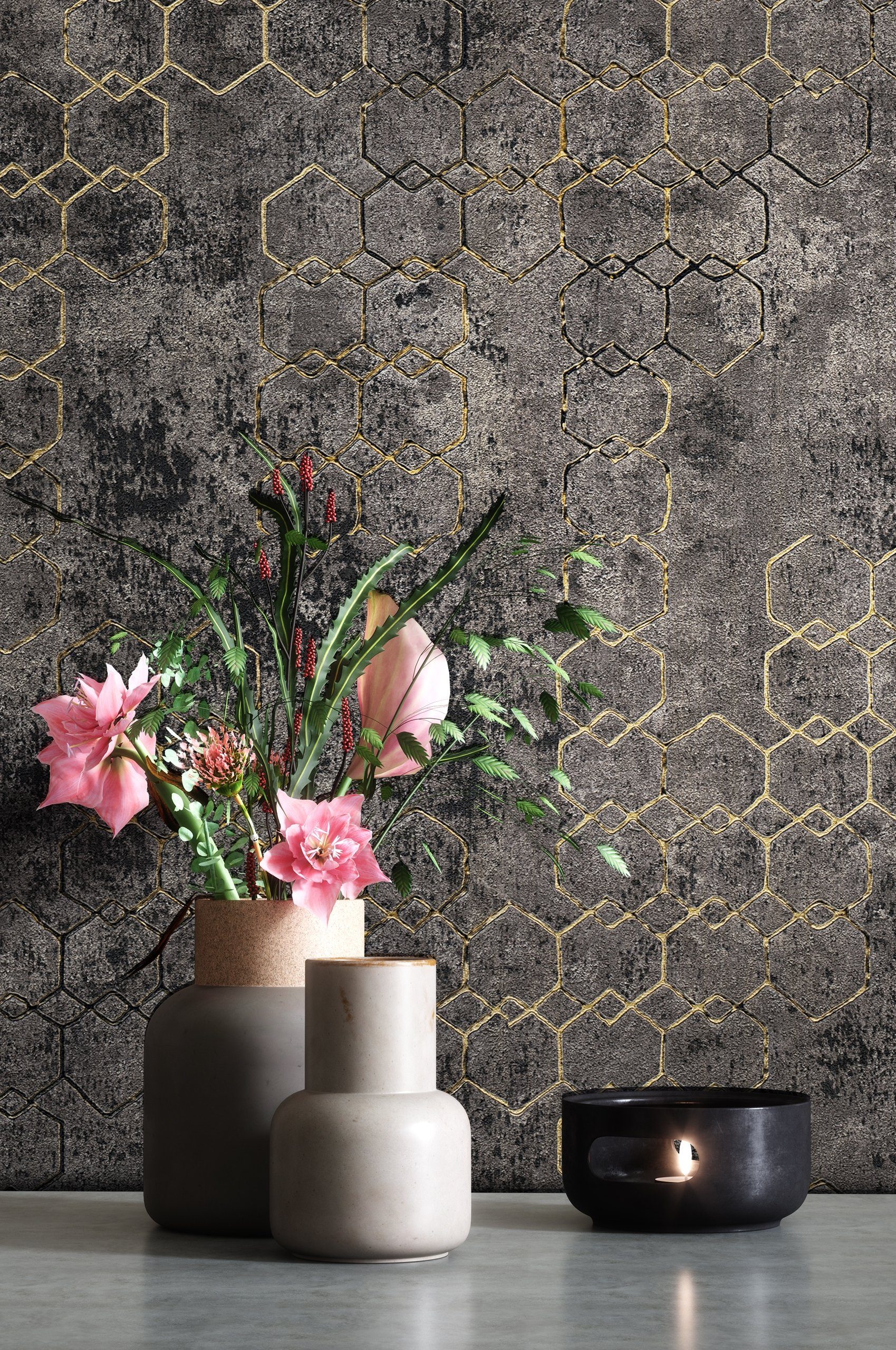 Newroom Vliestapete Muster1 Tapete Mustertapete Leicht Glänzend,Hexagon,Sechsecke, Schwarz Tapete Leicht Glänzend Modern - Mustertapete Metalic Gold Grau Hexago – Bild 3 von 5