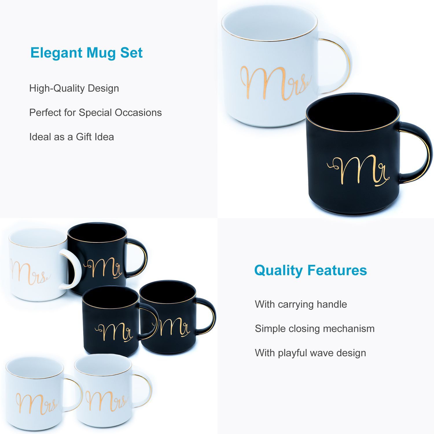 Intirilife Tasse, 2-tlg., Porzellan, Kaffeetasse Teetasse Mr Mrs Weiß und Schwarz Hochzeitsgeschenk Becher