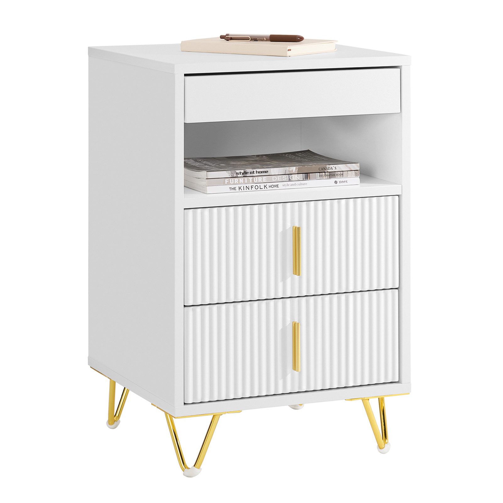 SoBuy Nachttisch FBT168, Nachtschrank schmal Beistelltisch Sofatisch, Nachttisch mit 3 Schubladen, offene Ablage für Schlafzimmer Wohnzimmer
