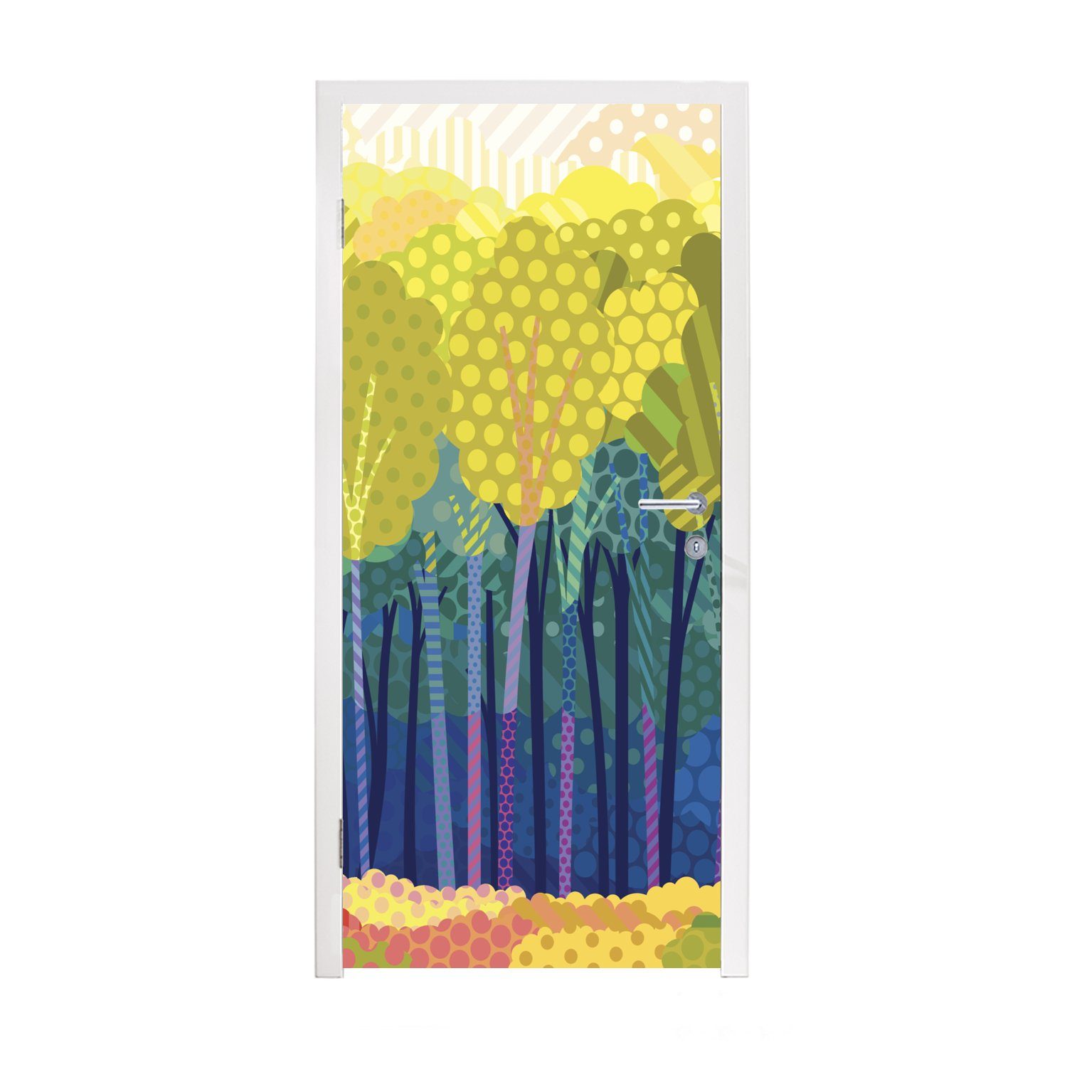 Tür, MuchoWow Türaufkleber, Türtapete (1 Wald, von Eine für Fototapete cm Illustration Matt, in grünen bedruckt, St), einem Bäumen 75x205