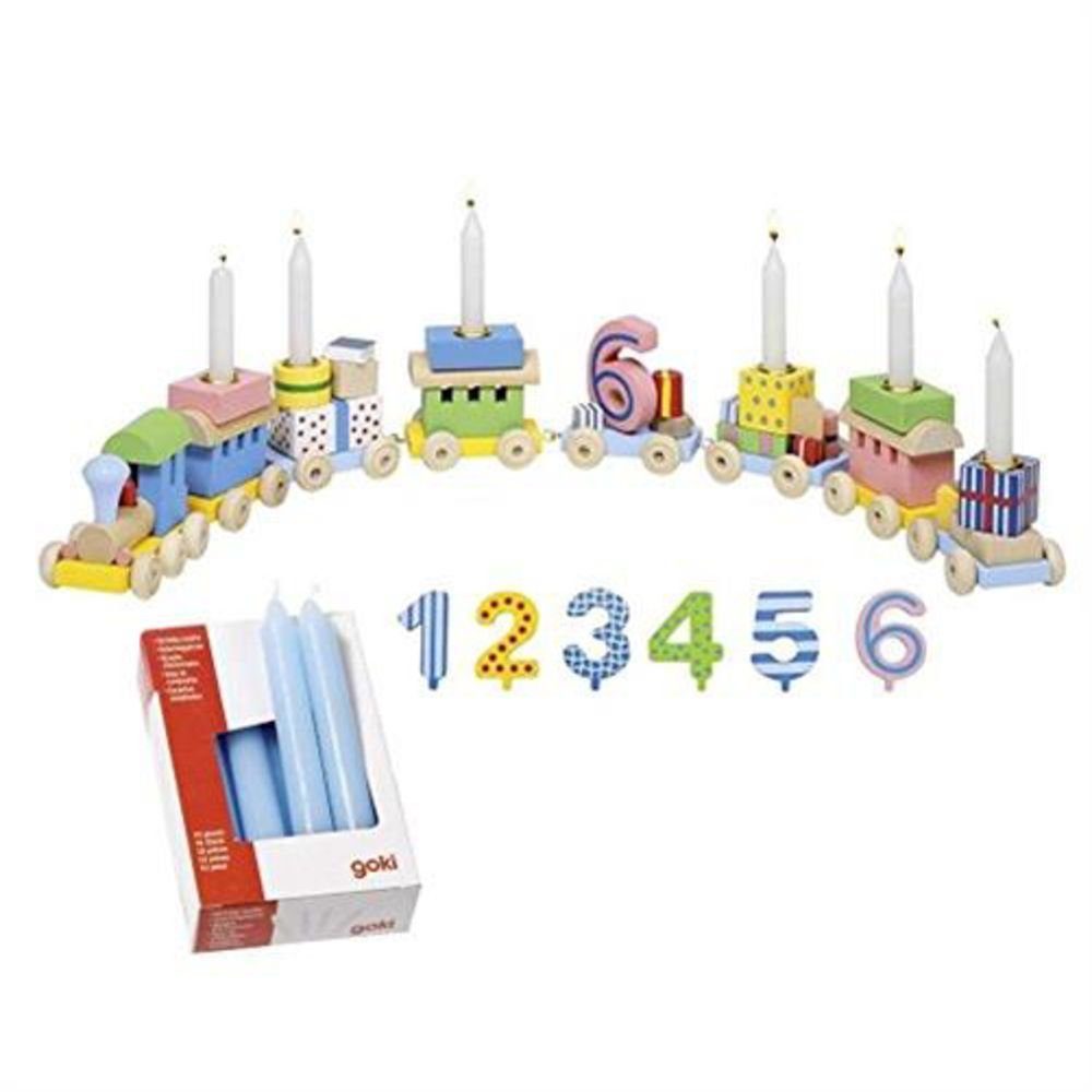 goki Kerzenständer Geburtstagszug mit Kerzen, Hellblau Kindergeburtstag Holz Zahlen Lok Party mehrfarbig
