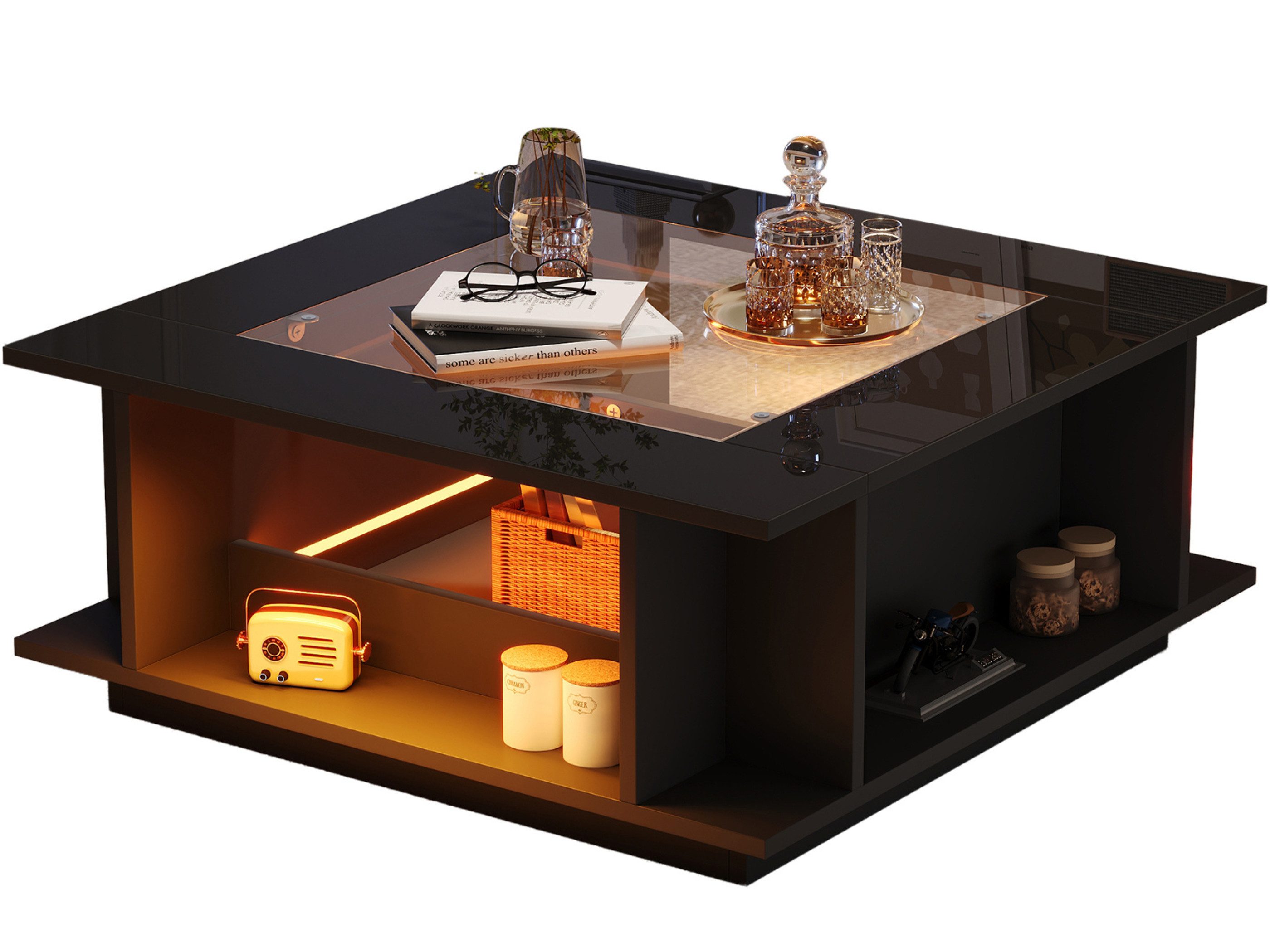 SeedWave Couchtisch Quadratischer Sofatisch mit Glastischplatte im Hochglanz, LED-Licht, 70cm Wohnzimmertisch mit offenen Fächern