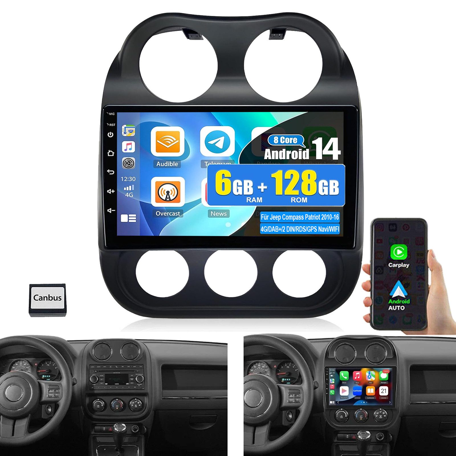 ESSGOO Android 15 Autoradio für Jeep Compass 2010–16 Carplay Bluetooth 5.0 Autoradio (Digitalradio (DAB), RDS, AM, FM, GPS Navi Android Auto Bluetooth EQ USB WIFI IPS Touchscreen)