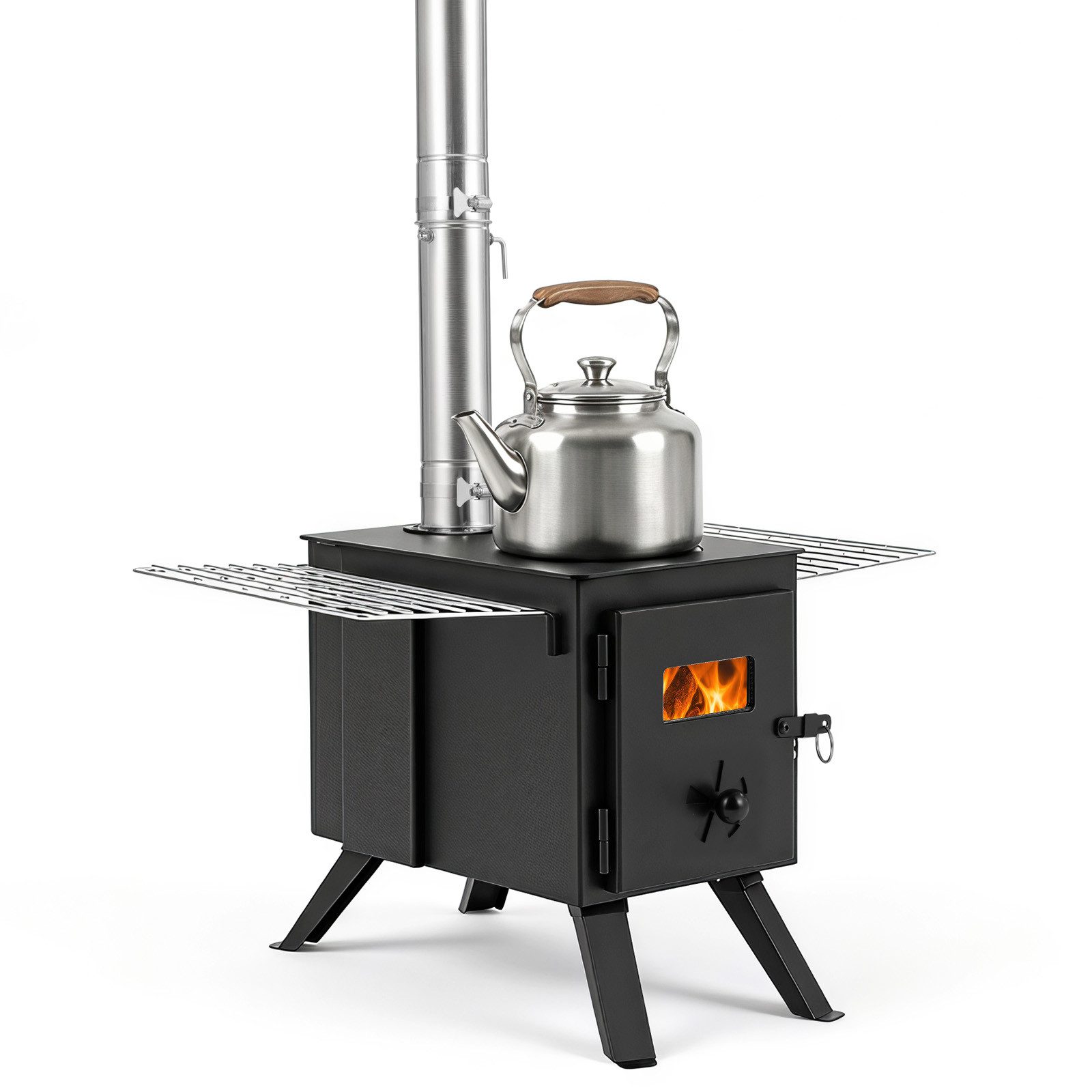 COSTWAY Holzkohlegrill 255cm Brennofen mit 8 Rohren, Seitenregalen, Zeltofen