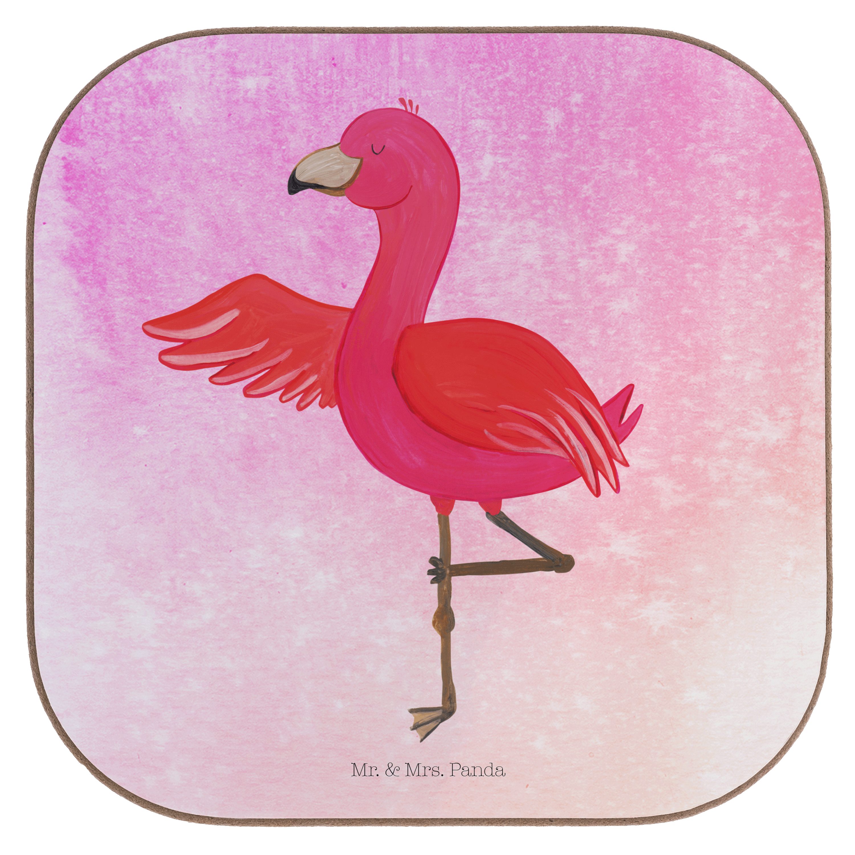Mr. & Mrs. Panda Getränkeuntersetzer Flamingo Yoga - Aquarell Pink - Geschenk, Yoga-Übung, Glasuntersetzer, 1-tlg.