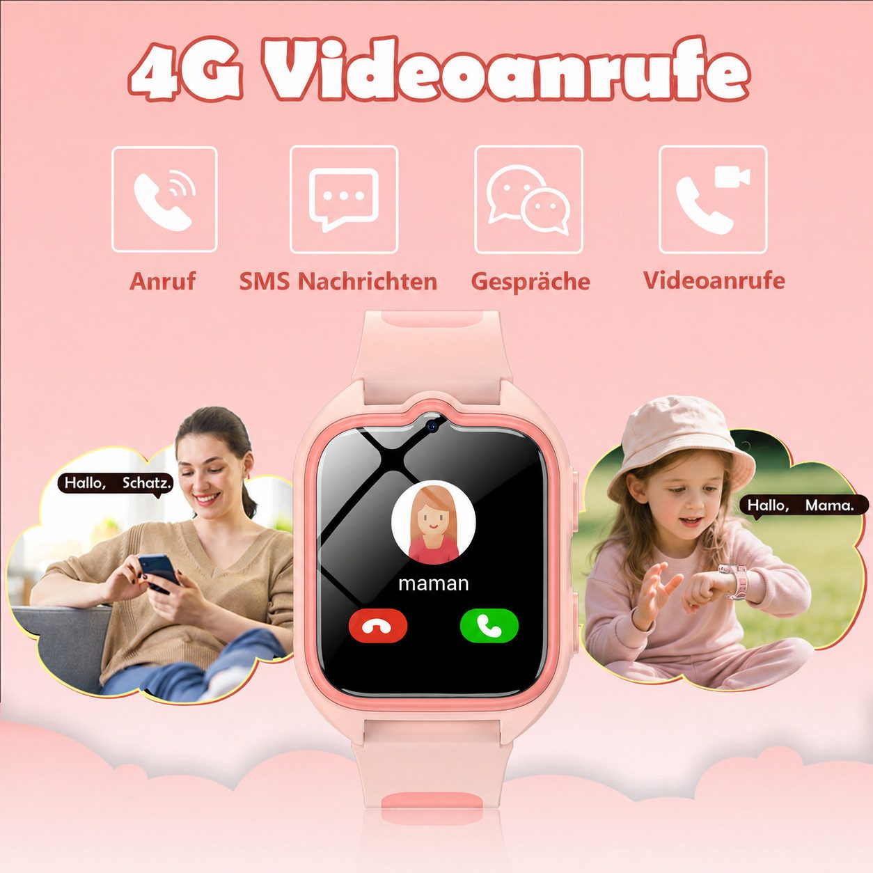 blackview Kinder Smartwatch 4G GPS – Telefon, Videochat, SOS, Ortung, Schulmodus Smartwatch (1.75 Zoll), 1-tlg., 1×Smartwatch, 1×Halsband, 1×Ladekabel, 1× Bedienungsanleitung( DE), GPS+WLAN+LBS Ortung,800 mAh,LED-Taschenlampe,Mit SIM-Kartensteckplatz