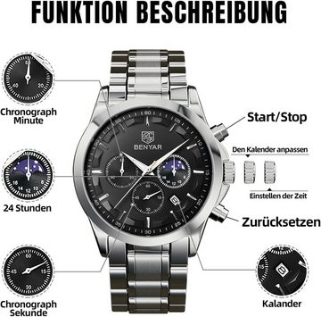 BY BENYAR Fur Herren Chronograph 30M Wasserdicht Analoge Watch, Quarzuhr Business Kalender Sport Watch Geschenk