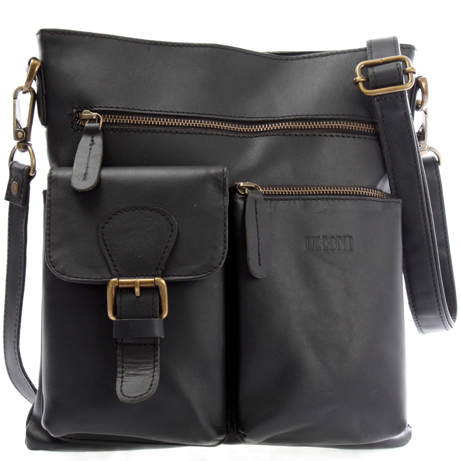 LECONI Umhängetasche Schultertasche Ledertasche Leder LE3084, aufgesetzte Außentaschen – abnehmbarer Schulterriemen – 29×32×5 cm