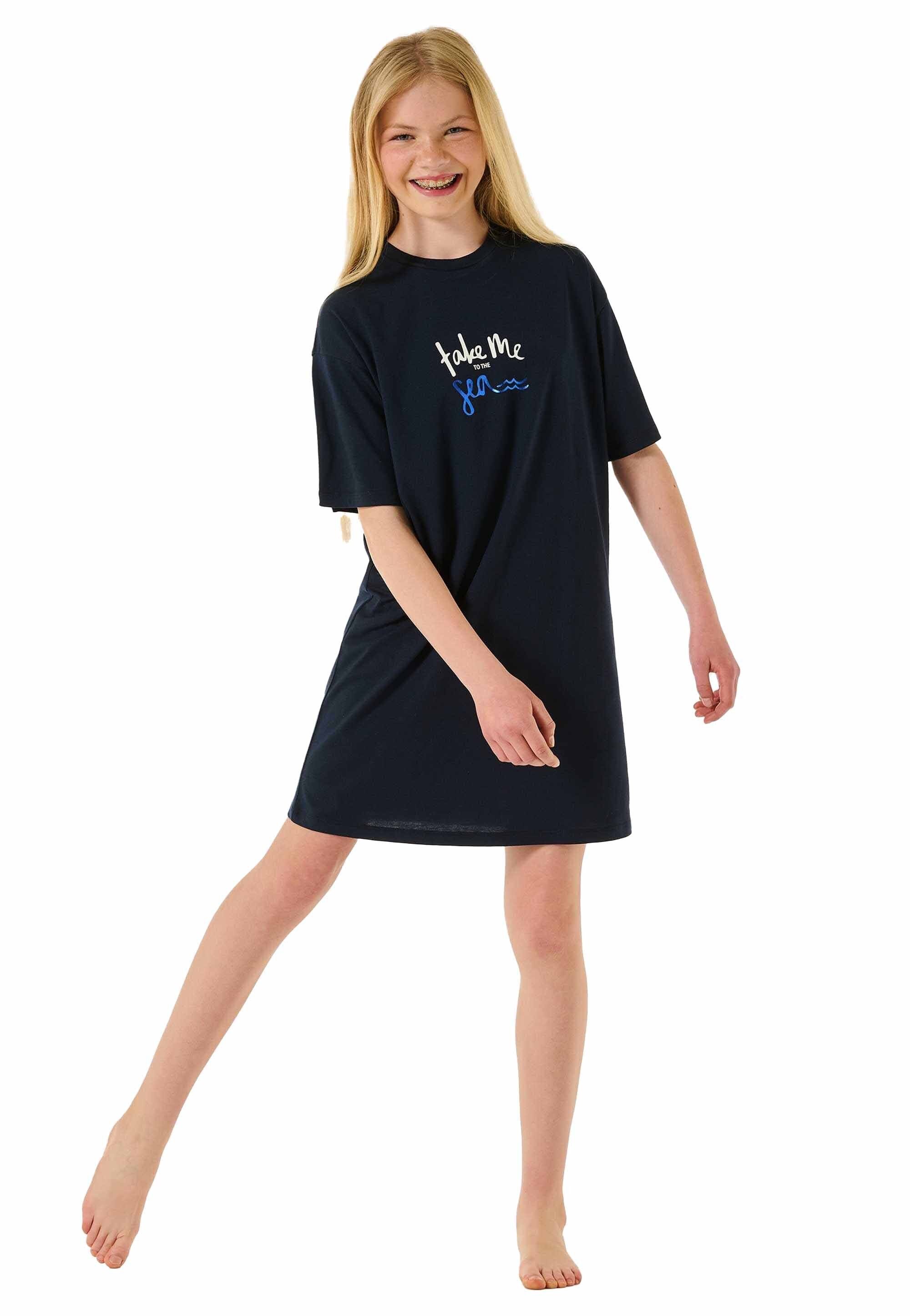 - Pyjama Sleepshirt, Mädchen Teens (Sea) kurzarm, Schiesser Dunkelblau Nachthemd