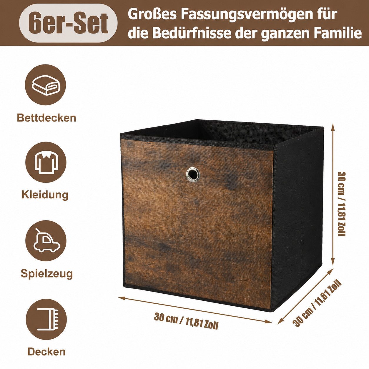BlingBin Faltbox Aufbewahrungsboxen, faltbare Stoffboxen (6er Set, 6 St., Maße je Box: 30 × 30 × 30 cm), Stoff Aufbewahrungskorb für Würfelregal, Kleiderschrank, Wohnzimmer