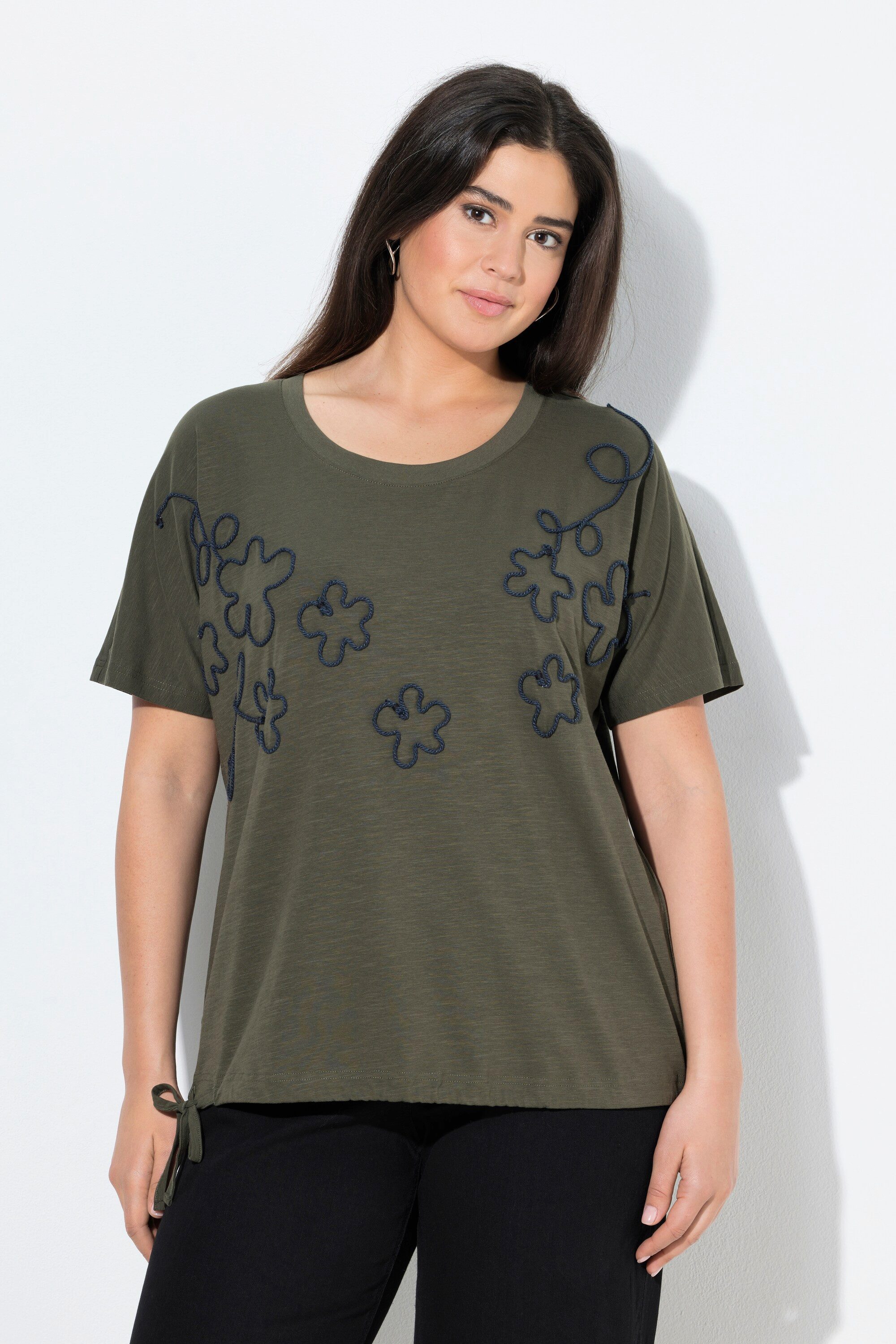 T-Shirt T-Shirt Blüten Oversized Rundhals Langarm Saumband