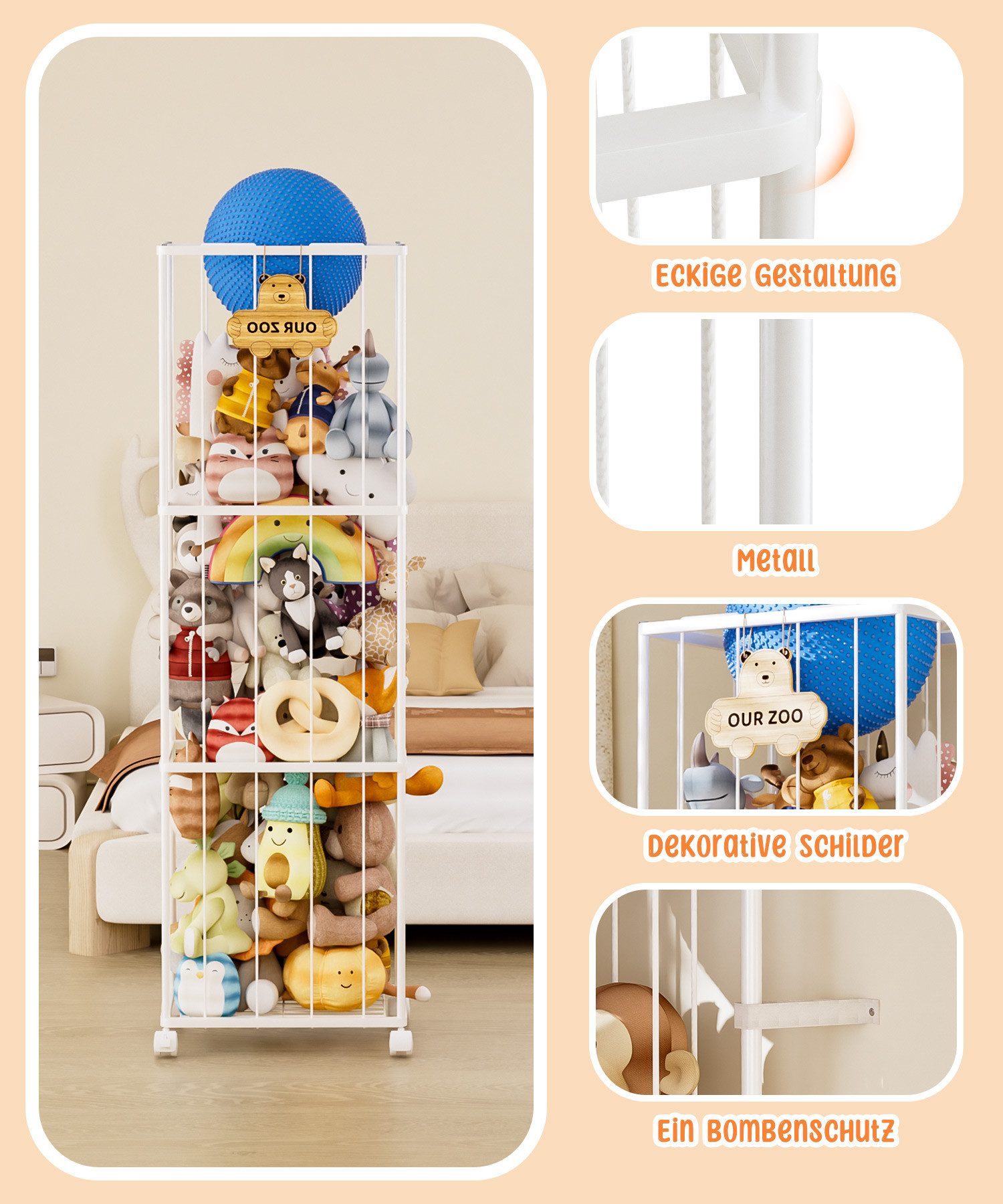 Yorbay Kinderregal Kuscheltier Aufbewahrung, Extra groß, mit Elastischem Band, Plüschtier-Halterung Spielzeug Organizer Halter für Kinder, Weiß – Bild 4 von 5