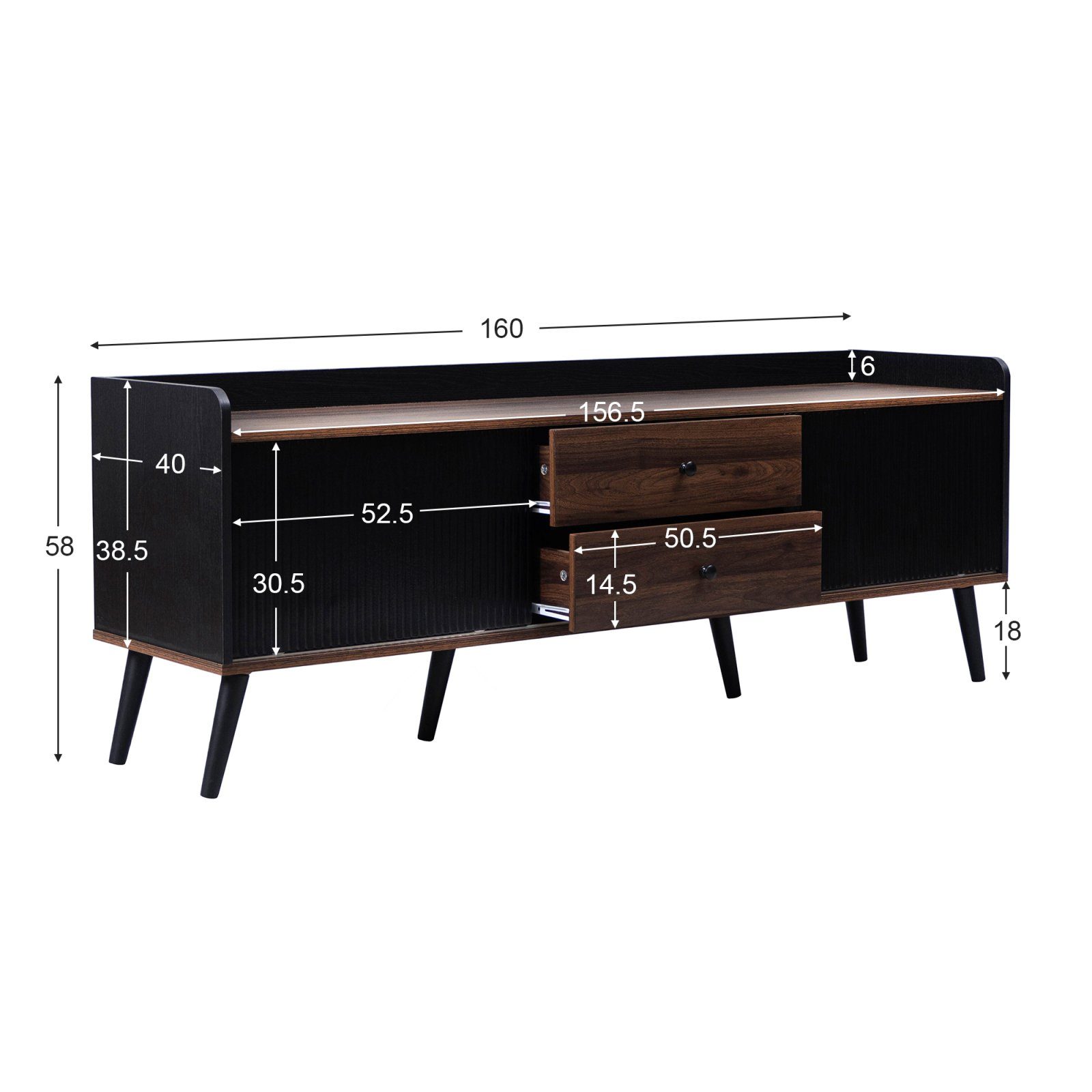Schubladen Holzfarbe, zwei Schwarz 160 x 58 Fernsehtisch und x TV natürliches Lowboard mit cm 2 Schiebetüren 40 Board TV-Schrank SEEZSSA und