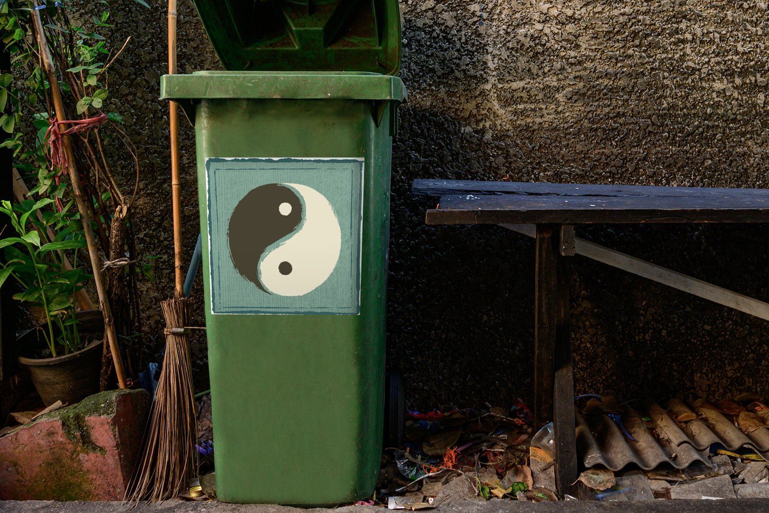 MuchoWow Wandsticker Eine Illustration von Sticker, (1 Mülltonne, St), Abfalbehälter Yang einem Mülleimer-aufkleber, blauen und Container, Yin vor Hintergrund