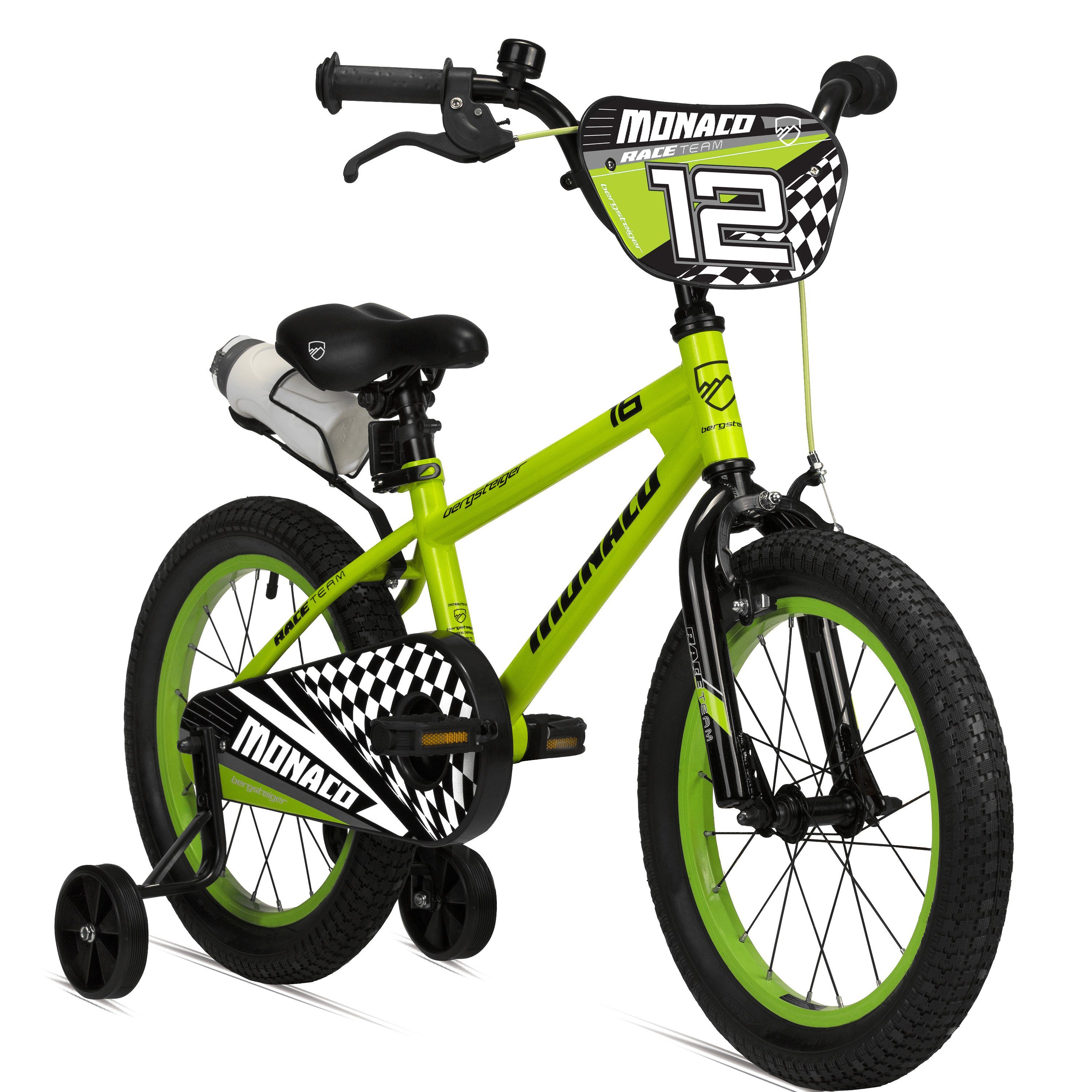 bergsteiger Kinderfahrrad Monaco 12 Zoll, geeignet für 3 und 4 Jahre, BMX, 1 Gang, V-Brakes, Trinkflasche