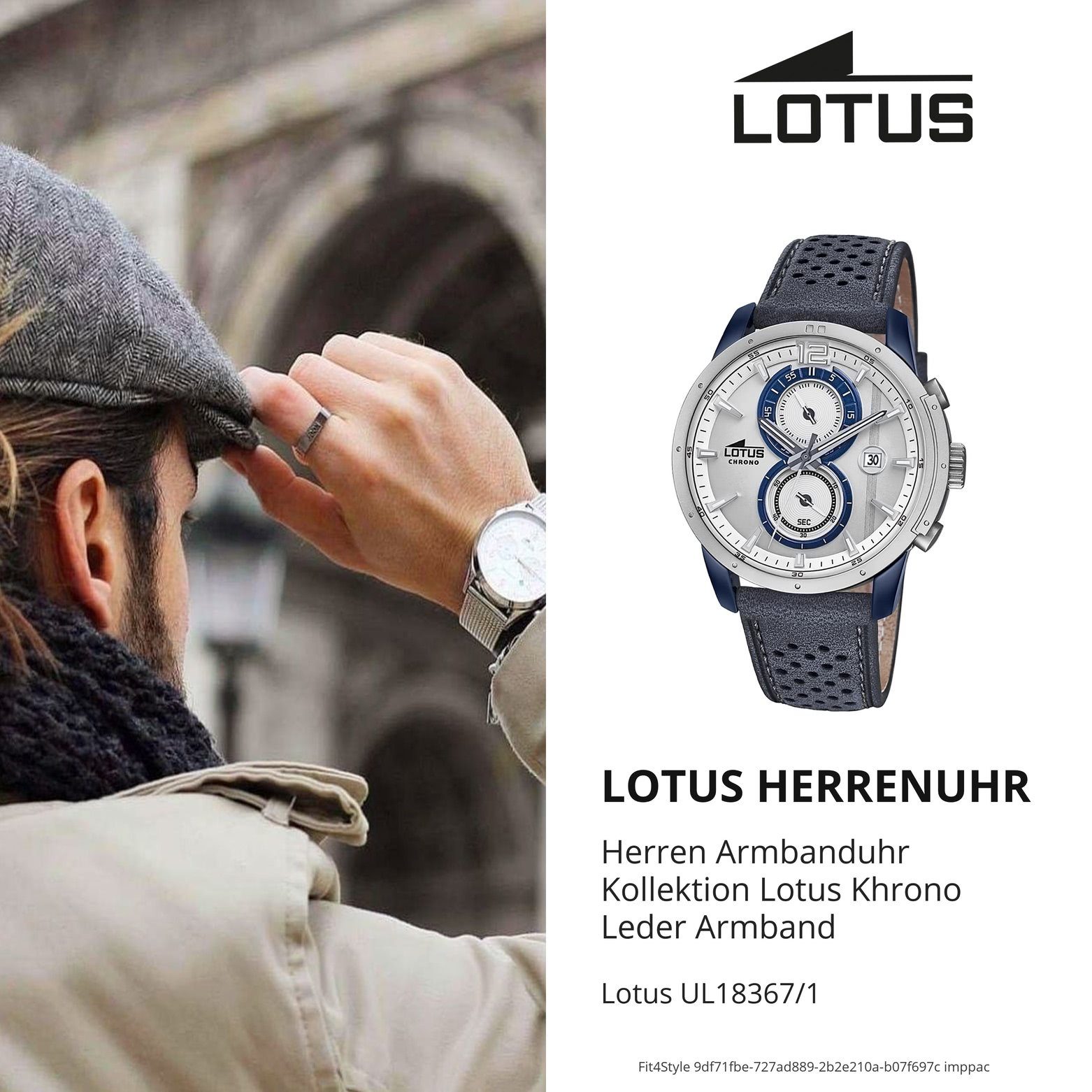 Lotus Chronograph Lotus Herren Uhr Chrono Sport L18367/1, (Chronograph), Herren Armbanduhr rund, groß (ca. 44mm), Lederarmband blau