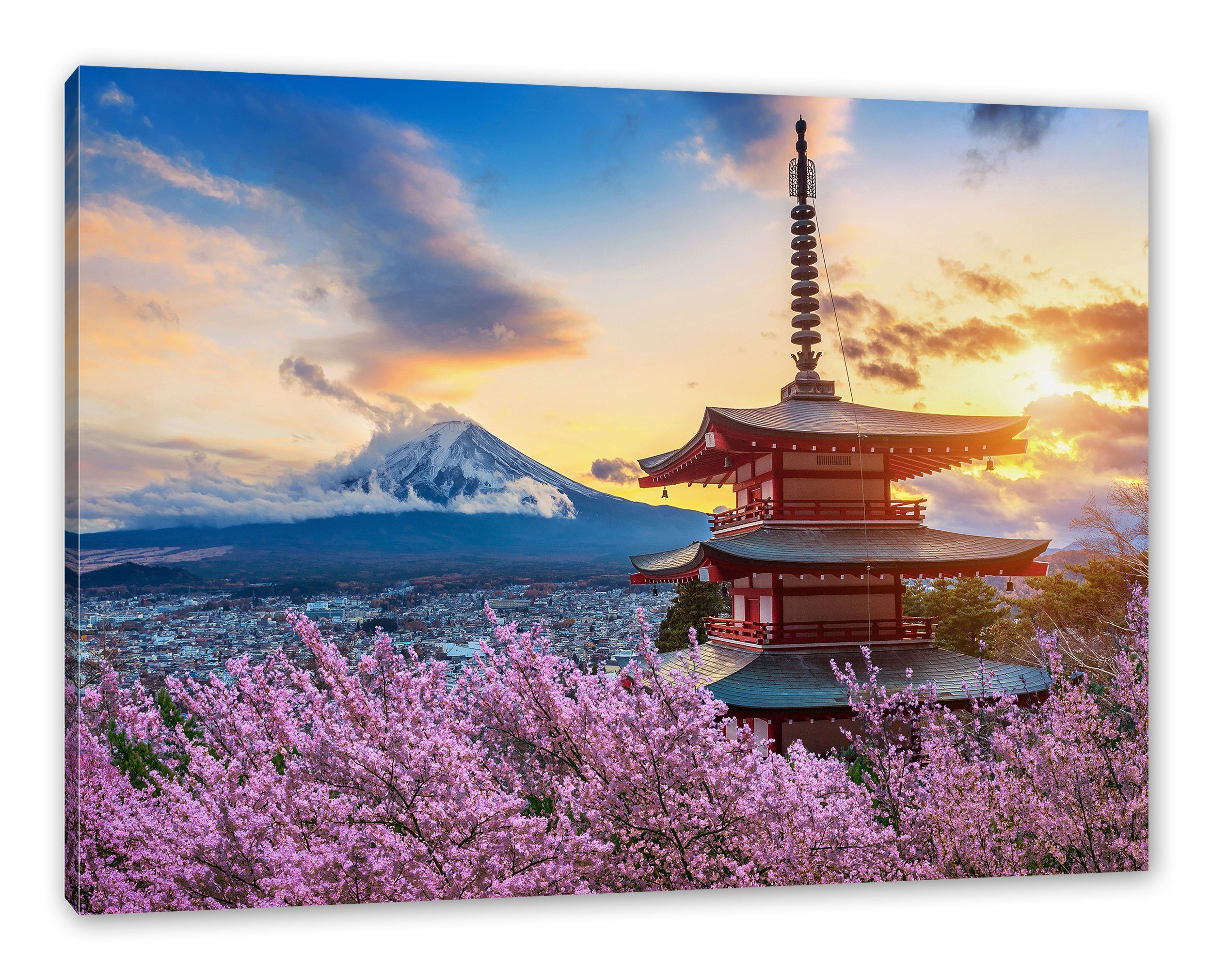 Pixxprint Leinwandbild zwischen Japanischer Kirschblüten, Zackenaufhänger Kirschblüten inkl. Leinwandbild zwischen Japanischer St), bespannt, fertig Tempel Tempel (1