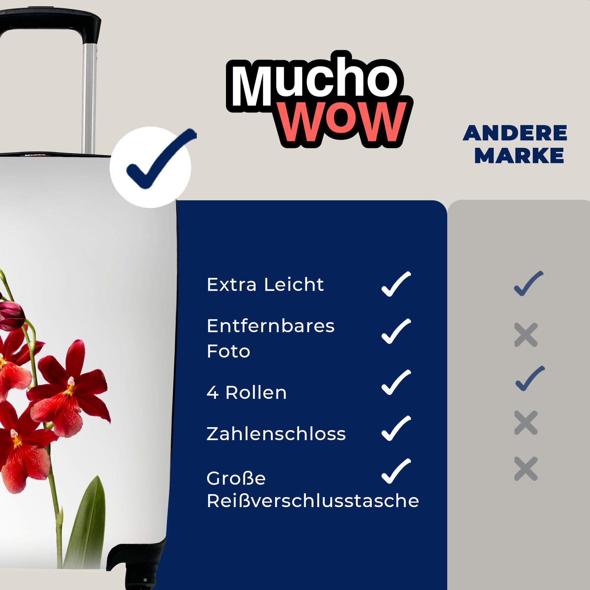 Rote mit weißem Handgepäck Reisekoffer rollen, Handgepäckkoffer auf mit für Orchidee 4 MuchoWow Ferien, Rollen, Trolley, Hintergrund, Blättern Reisetasche