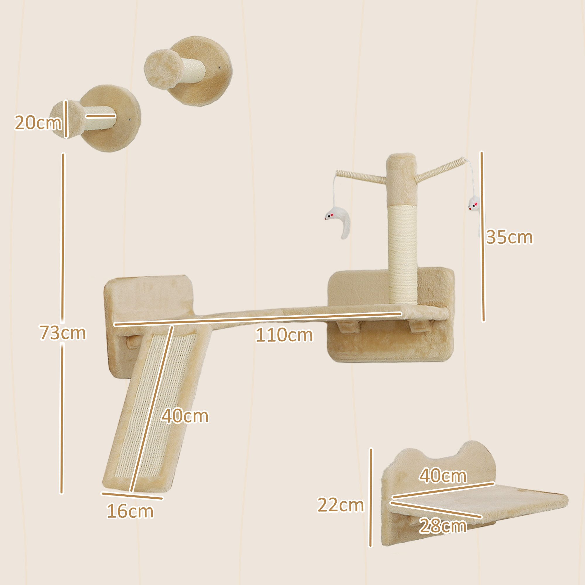PawHut Katzen-Kletterwand 3-teilig Katzenmöbel mit Kratzbrett, Sprungplatten, Kratzstamm, für Katzen bis 5 kg, Sisal, Beige