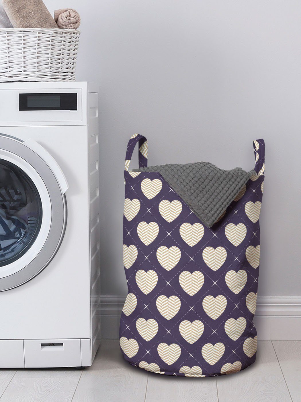 Wellenförmige Wäschekorb Waschsalons, Abakuhaus mit Pastellherzen Romantisch Wäschesäckchen Griffen Verziert Kordelzugverschluss für