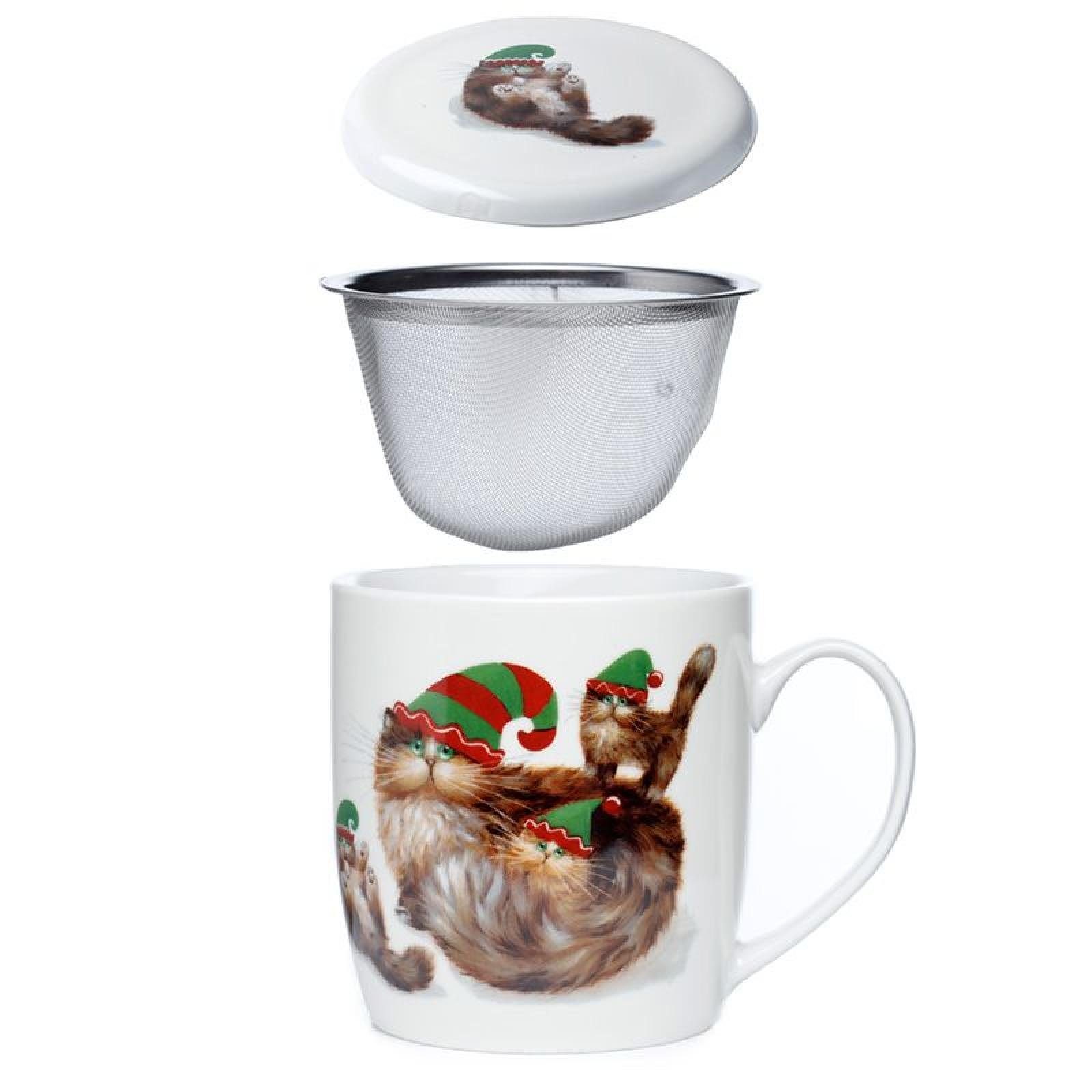 Puckator Tasse Kim Haskins Weihnachten Elfenkatzen Tasse aus Porzellan mit Teeei und Deckel