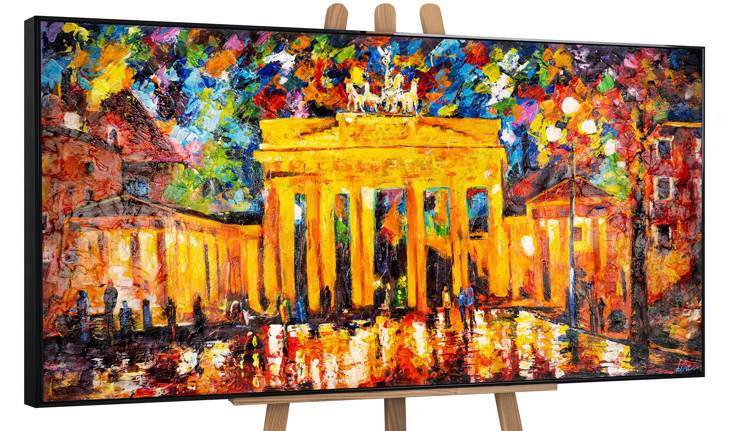 YS-Art Живопис Brandenburger Tor, Architektur, Leinwand Bild Handgemalt Berlin bei Nacht Orange Rot