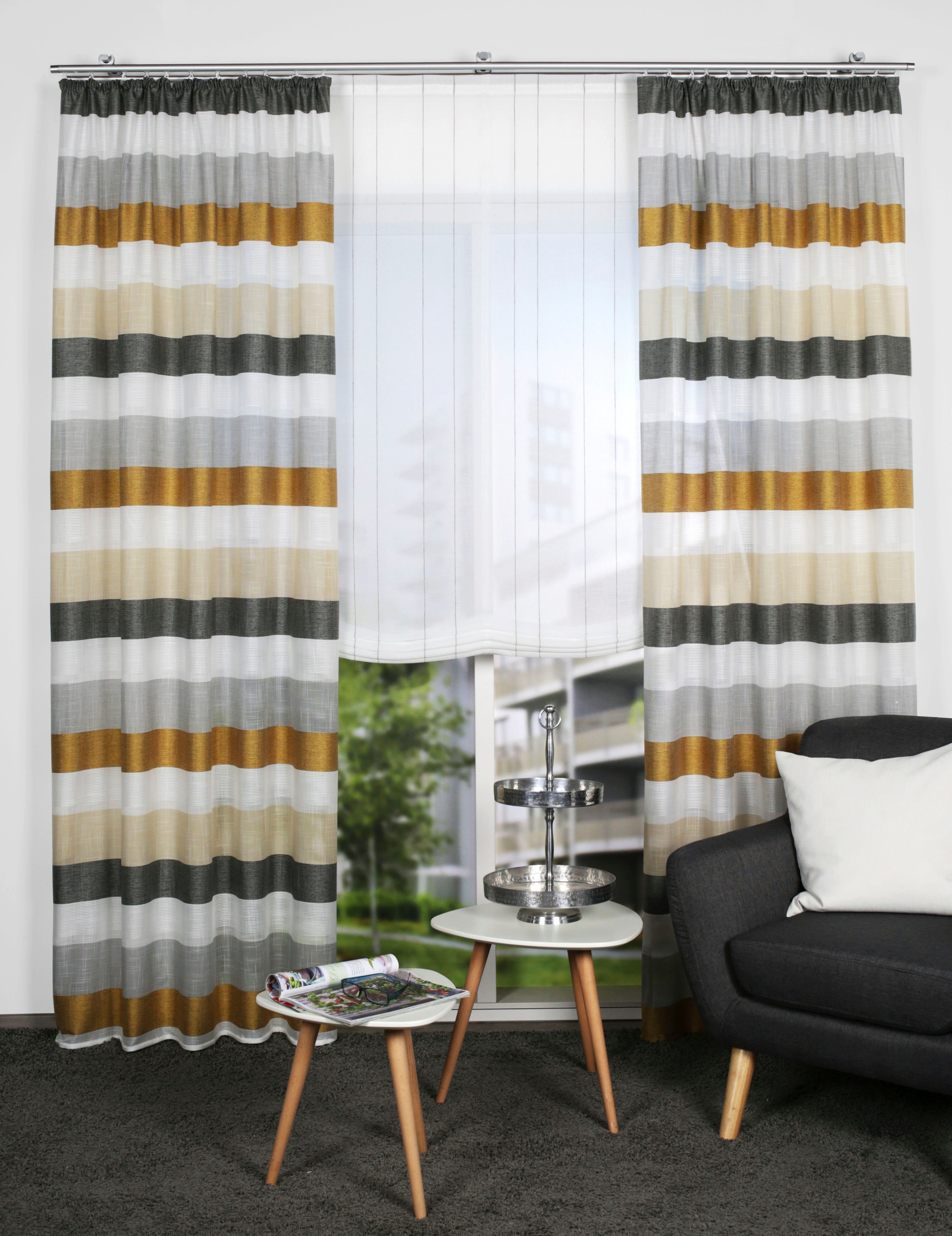 Fertigschal- (1 halbtransparent, OLAV, St), WOHNIDEEN, Kräuselband HOME Querstreifen goldfarben/grau/beige Gardine