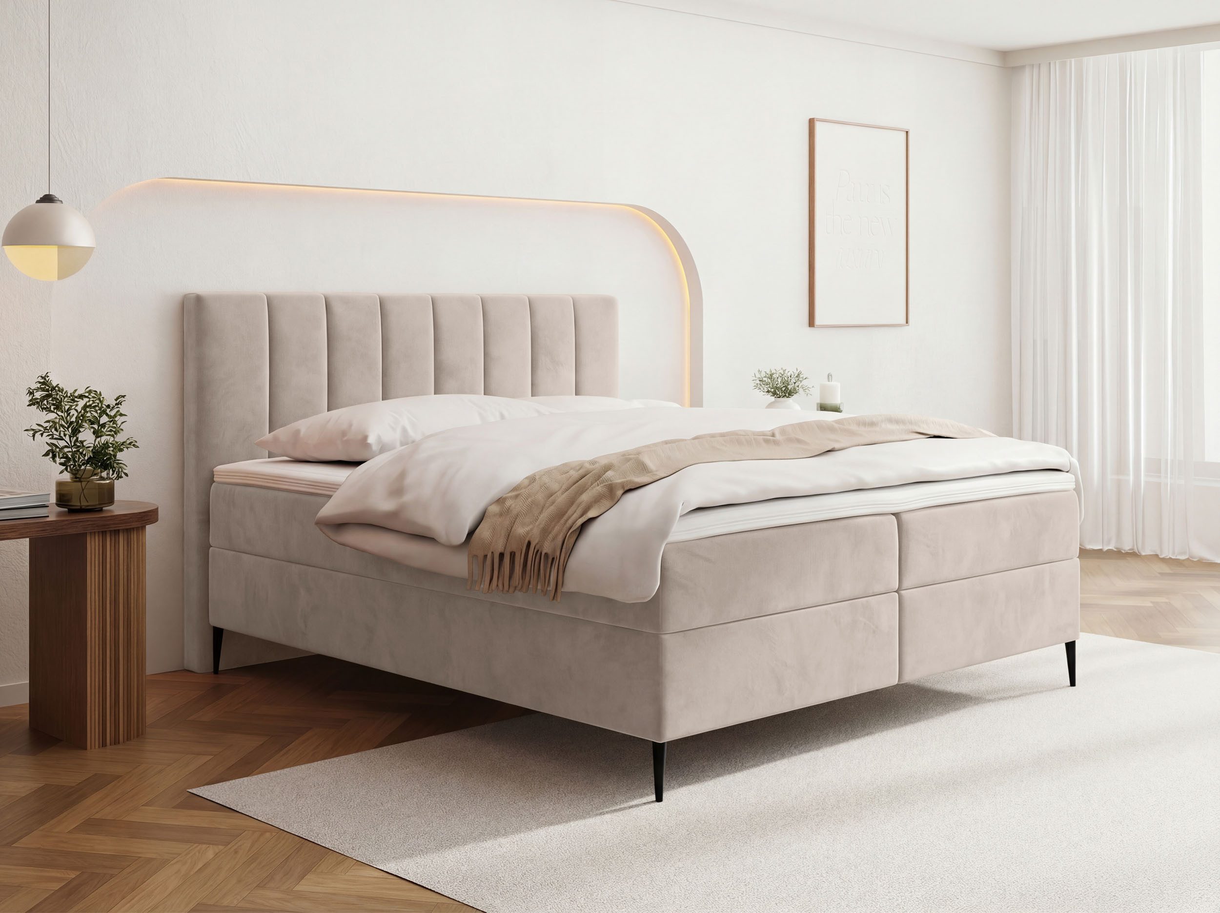 WFL GROUP Boxspringbett Allen mit Bettkasten, Boucle oder Samt, hohes Kopfteil & hohe Füße (erhältlich in 5 Größen: 120x200, 140x200, 160x200, 180x200, 200x200 cm), Doppelbett mit H4 Pocket Matratze, Foam Topper & Stauraum, Made in EU