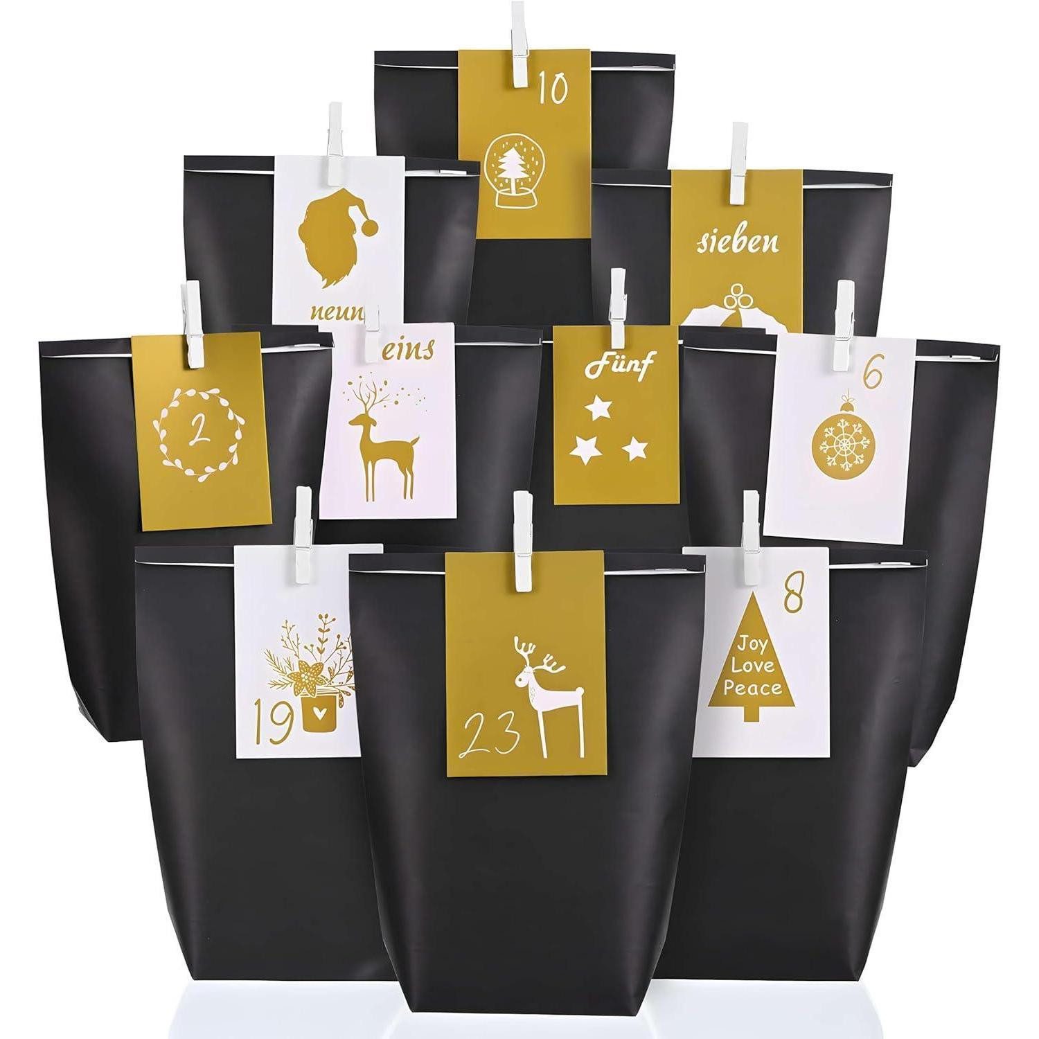 LuxusKollektion befüllbarer Adventskalender Adventskalender Tüten 24 Zahlenkarten Holzklammern XXL Schwarze