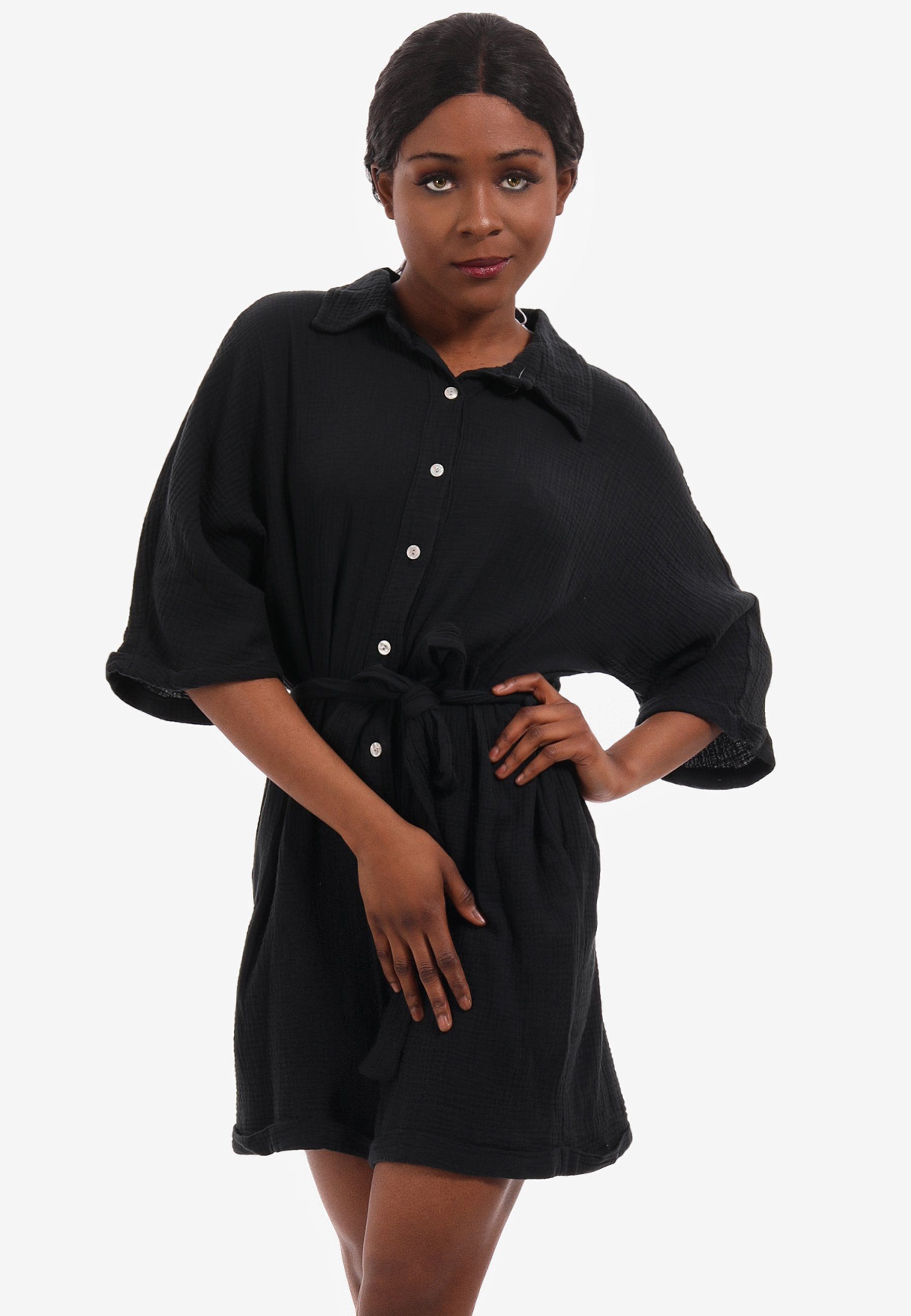 YC Fashion & Style Jumpsuit Sommerlicher Jumpsuit mit Bindegürtel aus Musselin-Stoff in Unifarbe schwarz