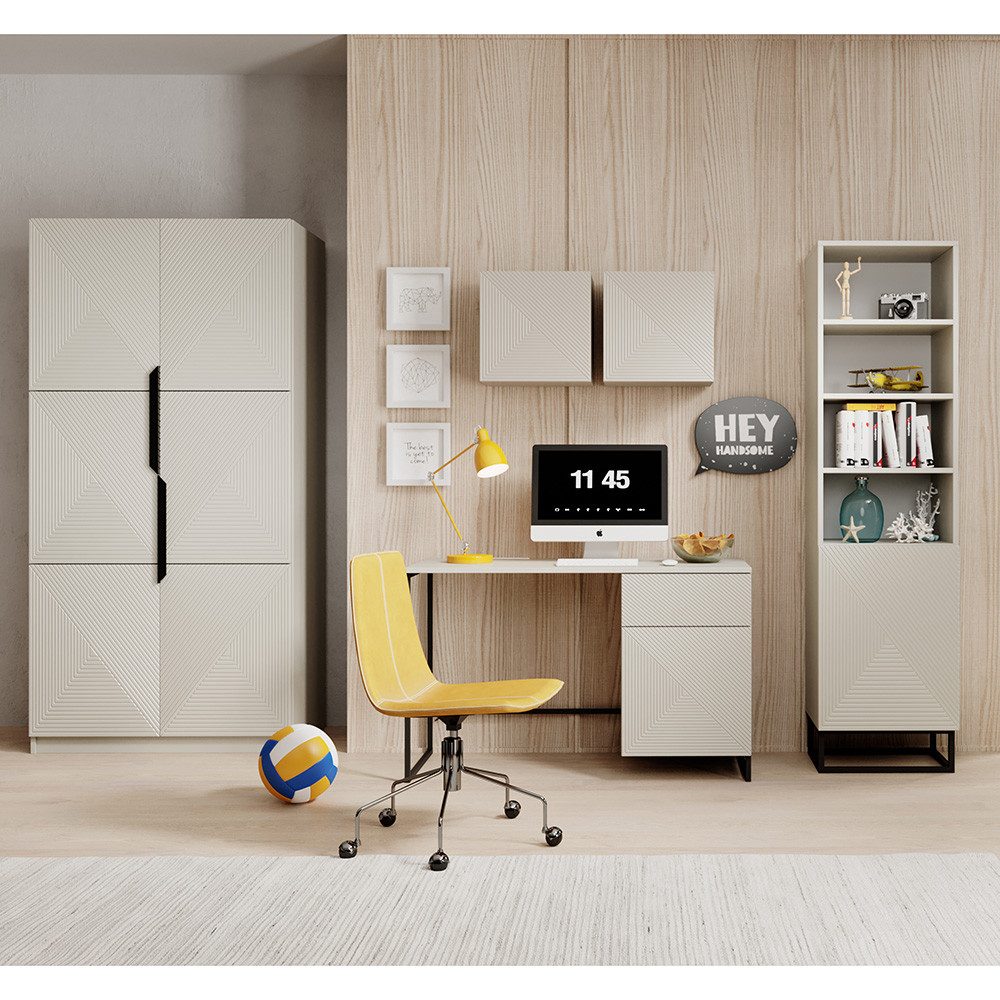 Lomadox Büromöbel-Set ADARE-141, (Spar-Set, 5-tlg., Hängeschränke Kleiderschrank Regal Schreibtisch), in kaschmir mit gerillter Front, Push-to-Open