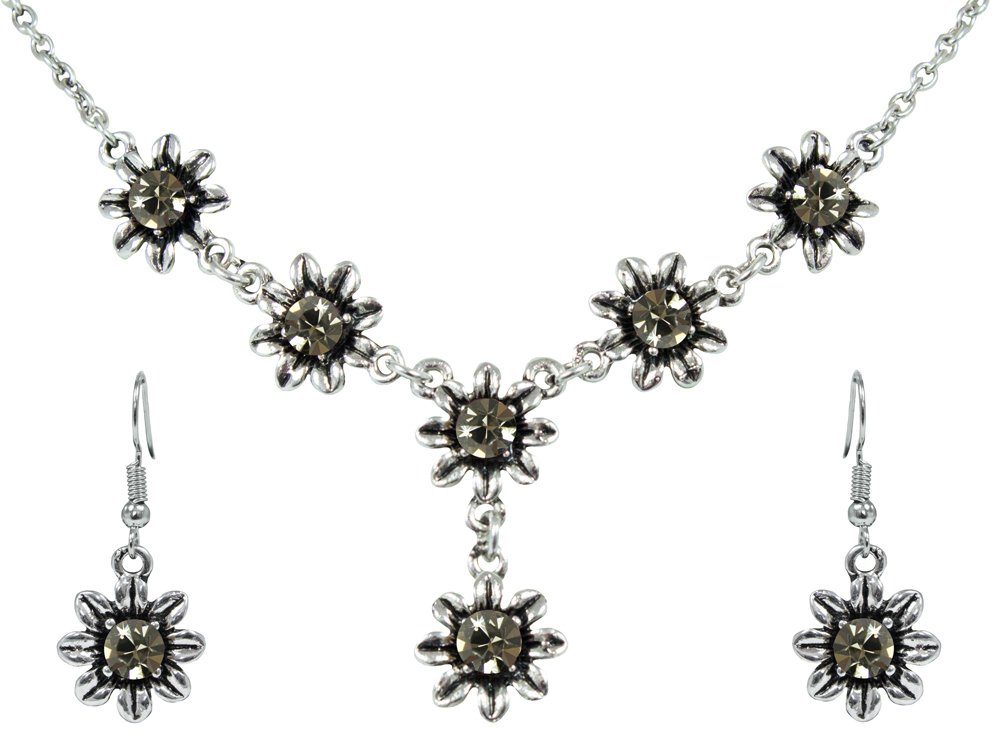 Trachtenland Kette mit Anhänger Blumen Collier mit Ohrhängern - Black Diamond