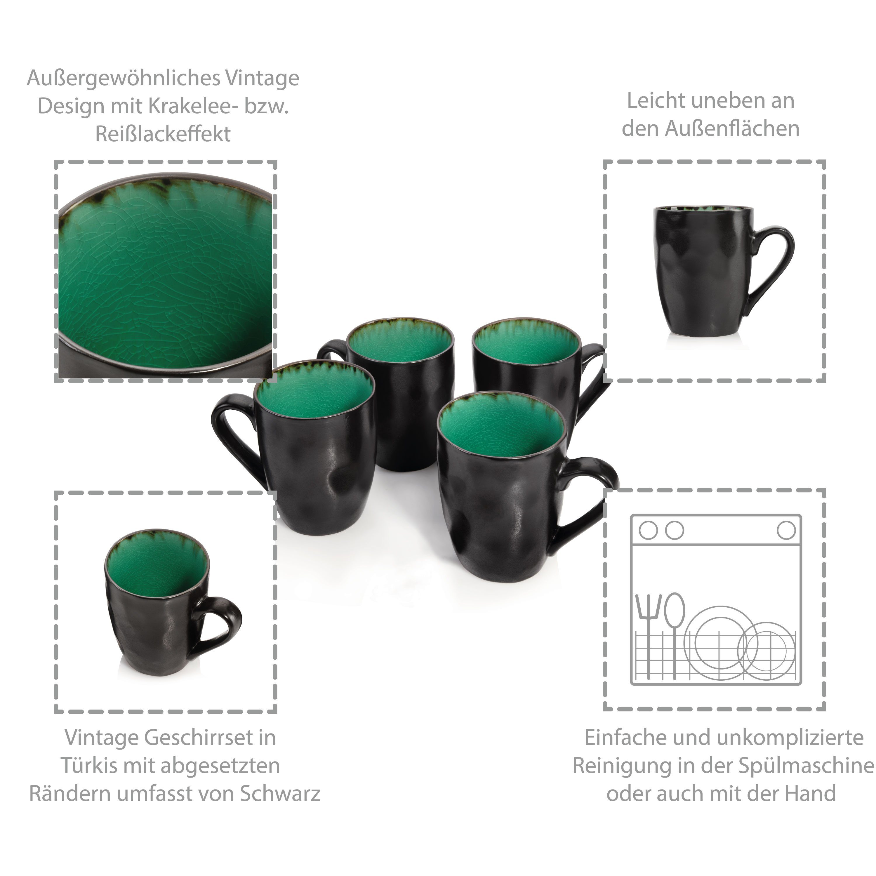 SÄNGER Becher Palm Beach Kaffeebecher Grün Schwarz, 4-tlg., Steingut, 300 ml, Handmade, Premium Collection – Bild 4 von 5