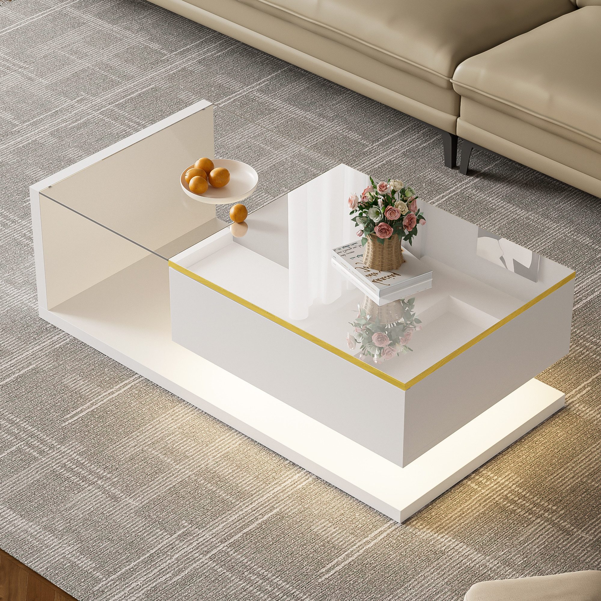 Merax Couchtisch hochglanz Beistelltisch mit Stauraum und Glastischplatte (100x50x32,5cm), Wohnzimmertisch mit Bluetooth, Sofatisch Kaffeetisch mit LED – Bild 5 von 5