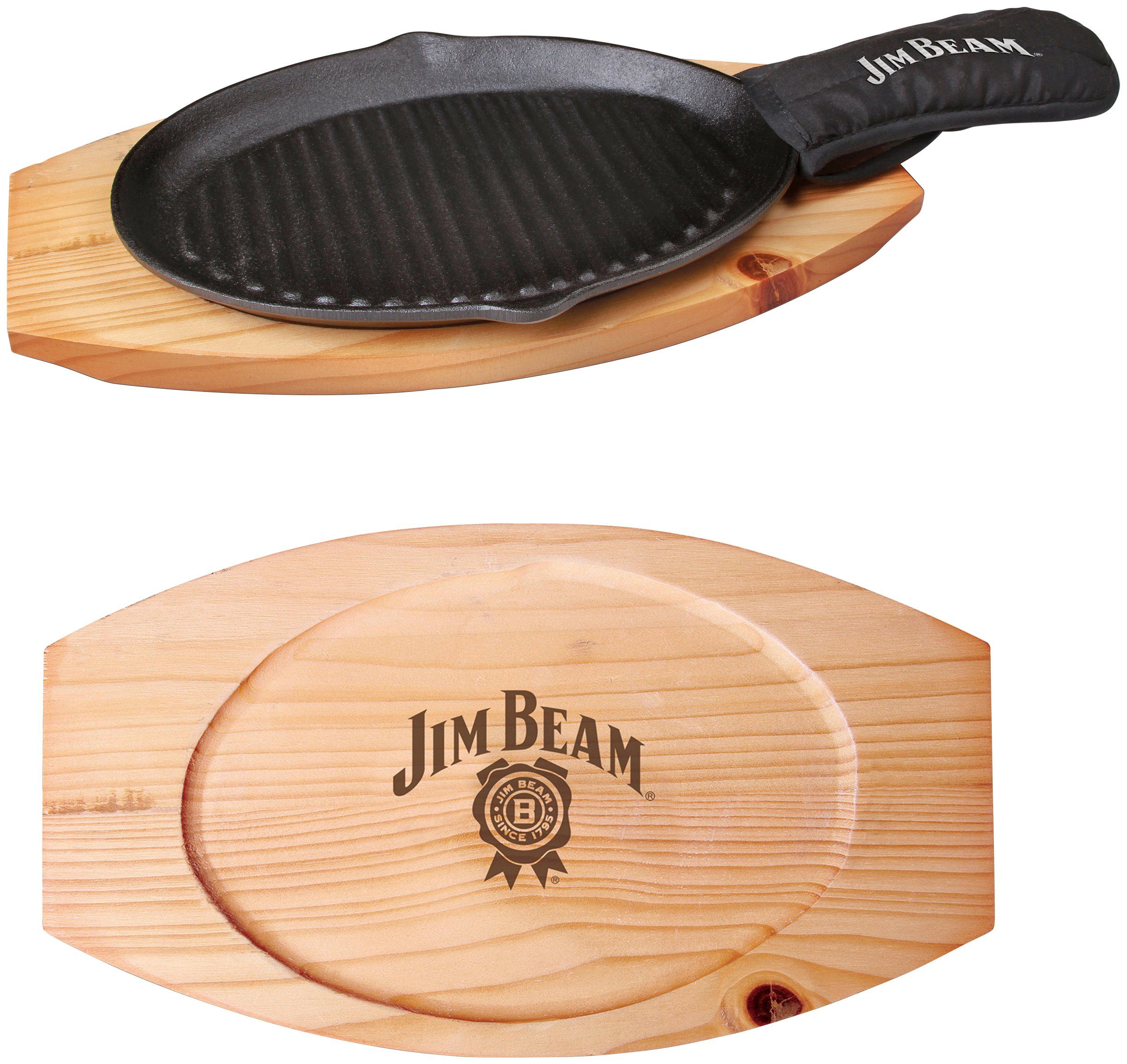 Jim Beam BBQ Grillpfanne, 4 Gusseisen (Set), Griffüberzug und inkl. Stk., Holzuntersetzer