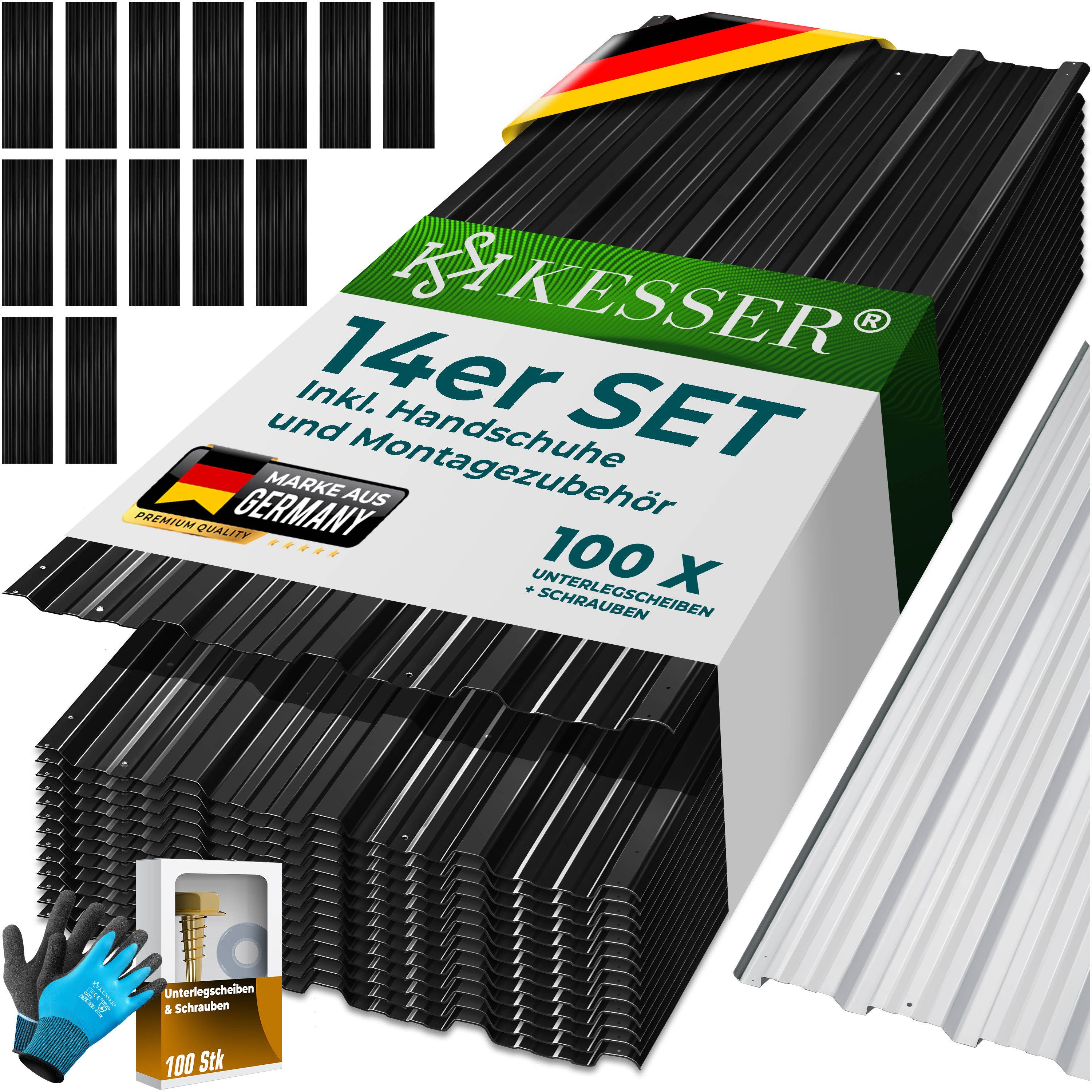KESSER Trapezblech 14x Profilblech 110cm x 46cm = 7 m², Metall, (14er Set Dachbleche für Gerätehaus inklusive Montagehandschuhe) Dachplatten aus verzinktem Stahl 0,25mm