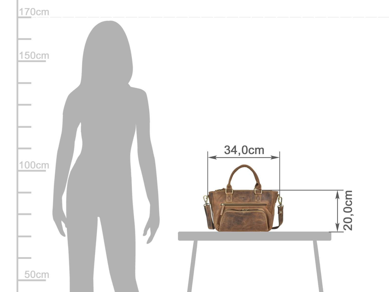 Greenburry Umhängetasche Vintage Handtasche Shopper Damen Leder antikbraun, Schultertasche mit 3 Fächern und Tragegriffen