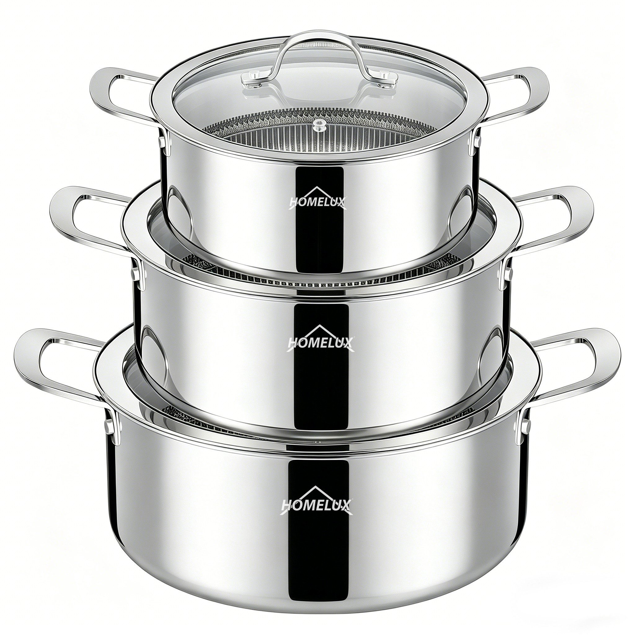 HOMELUX Suppentopf Edelstahl Kochtopf,Wabenstruktur Suppentopf Induktion,Backofengeeignet, Edelstahl (1x20cm 2,3L Kochtopf,1x24cm 4L Kochtopf,1x26cm 5,2L Kochtopf), Induktion