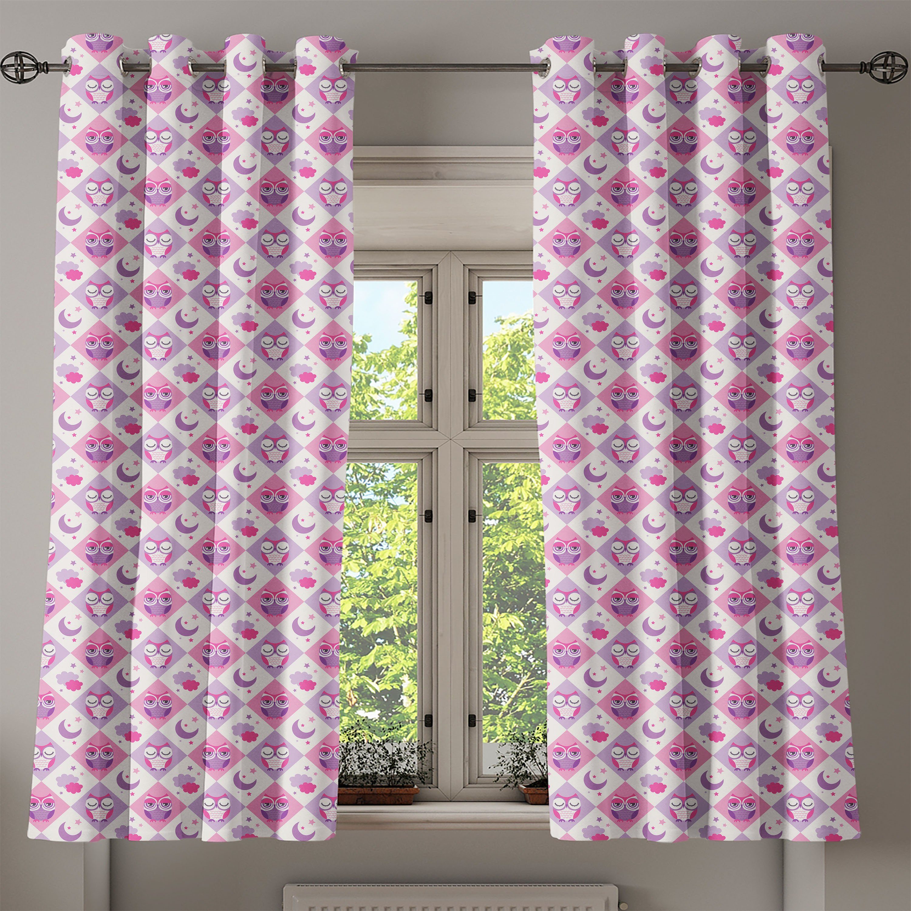 Eulen Schlafzimmer Muster 2-Panel-Fenstervorhänge Abakuhaus, Dekorative Gardine für Wohnzimmer, Kariertes Baby
