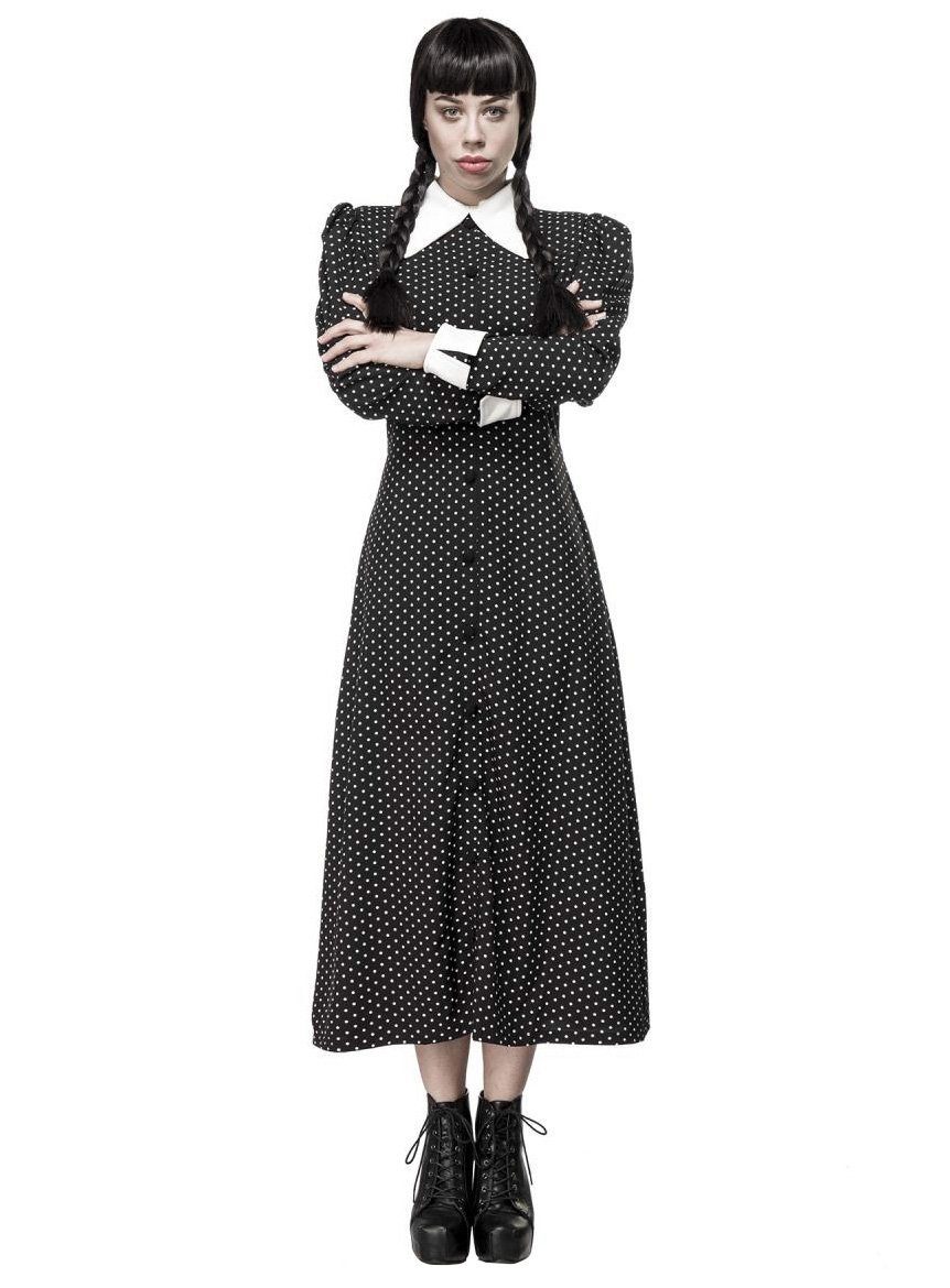 Metamorph Kostüm Wednesday Kleid, Hochwertig verarbeitetes, gepunktetes Kleid, inspiriert durch die Seri