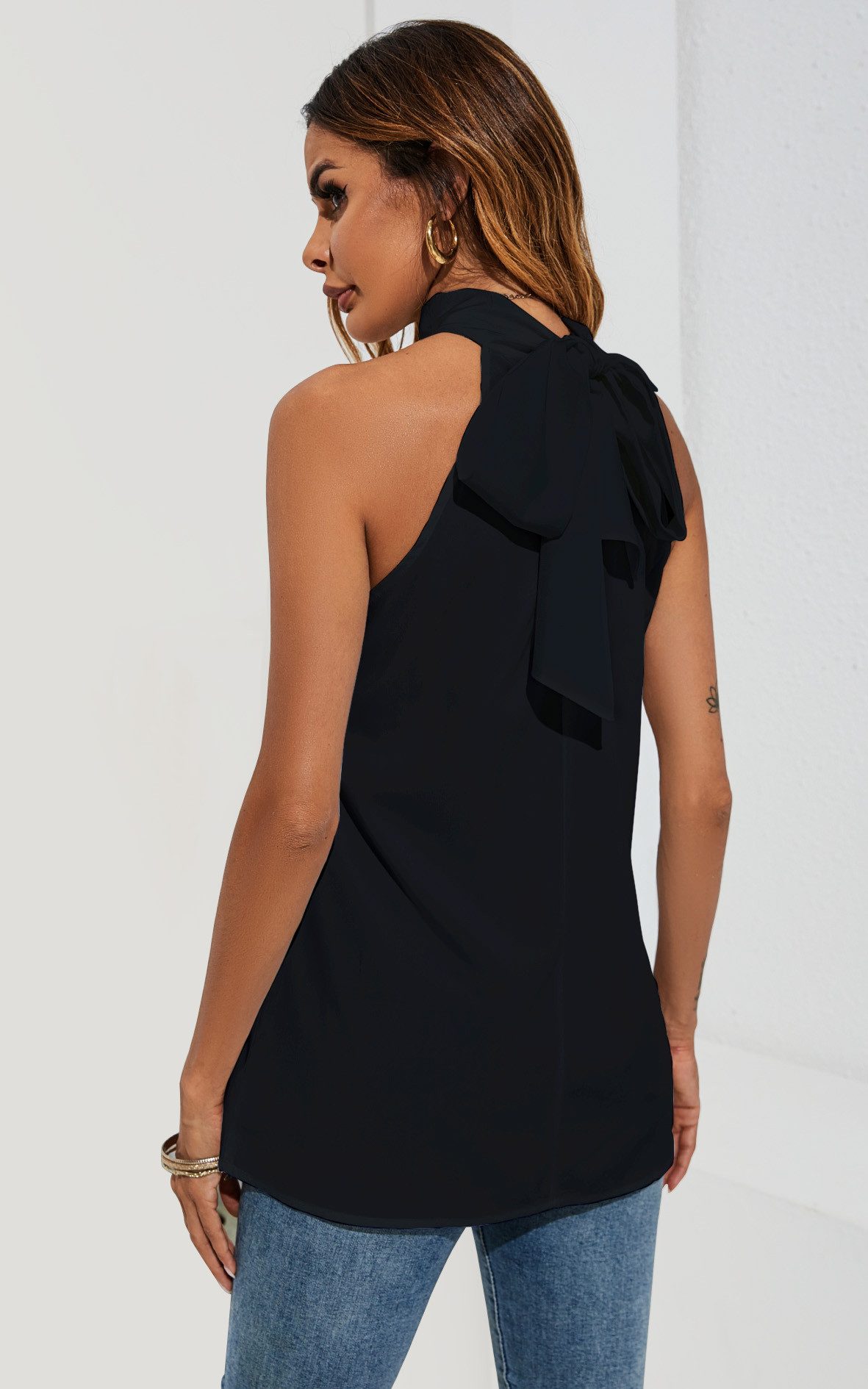 FS Collection Neckholdertop Damen Ärmelloses Neckholder-Top mit Bindeband am Rücken (S (UK 8–10 / EU 36–38) - M (UK 12 / EU 40) - L (UK 14 / EU 42) - XL (UK 16 / EU 44), 8 Farben: Schwarz, Waldgrün,LeafGreen, LeoBraun, LeoBeige, AzurBlau) leicht, weich, fließend und pflegeleicht