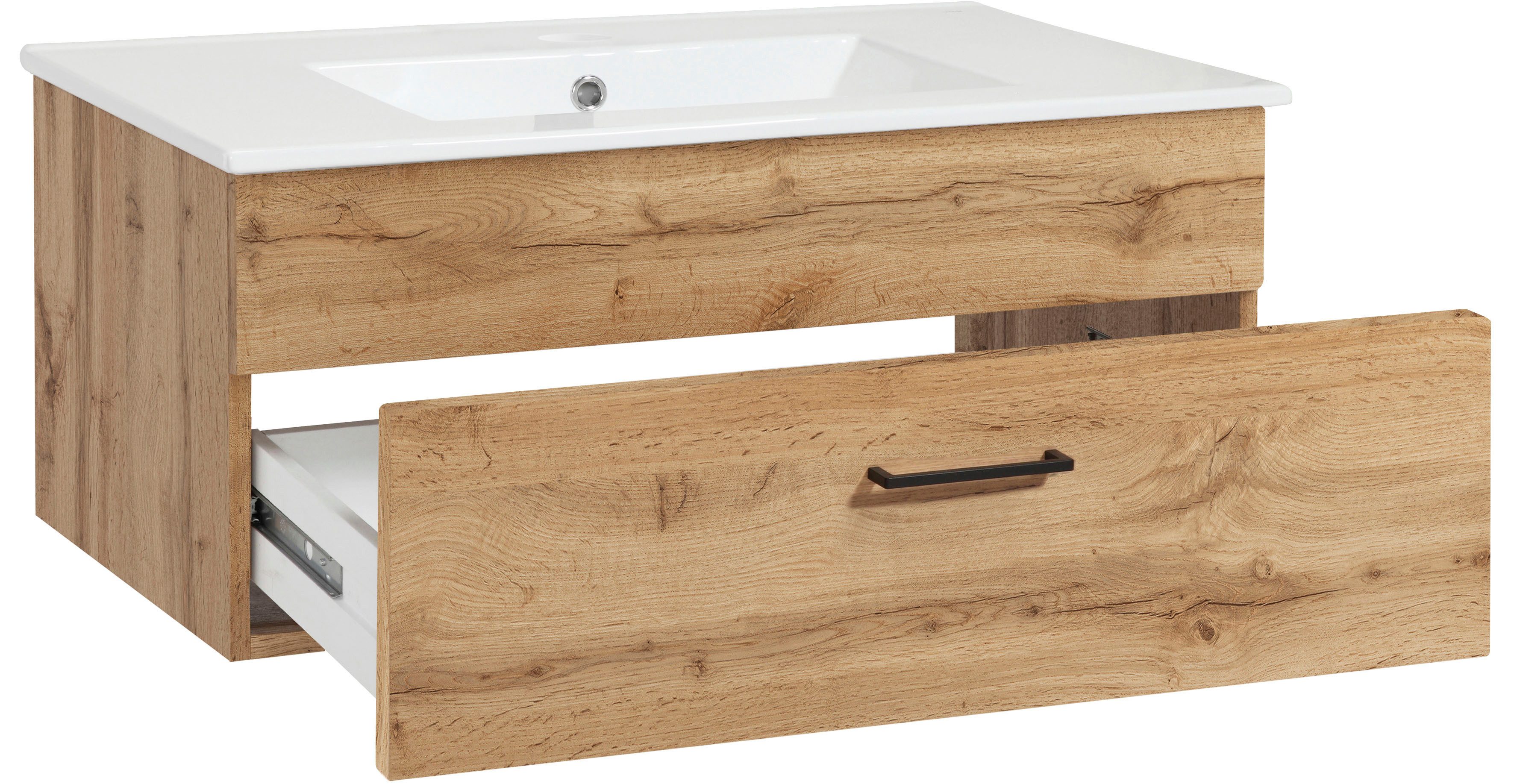 welltime Waschtisch Trento Light mit Keramik-Auflagebecken, 1 feste Blende und 1 Auszug, Breite: 81cm, Wotaneiche – Bild 5 von 5