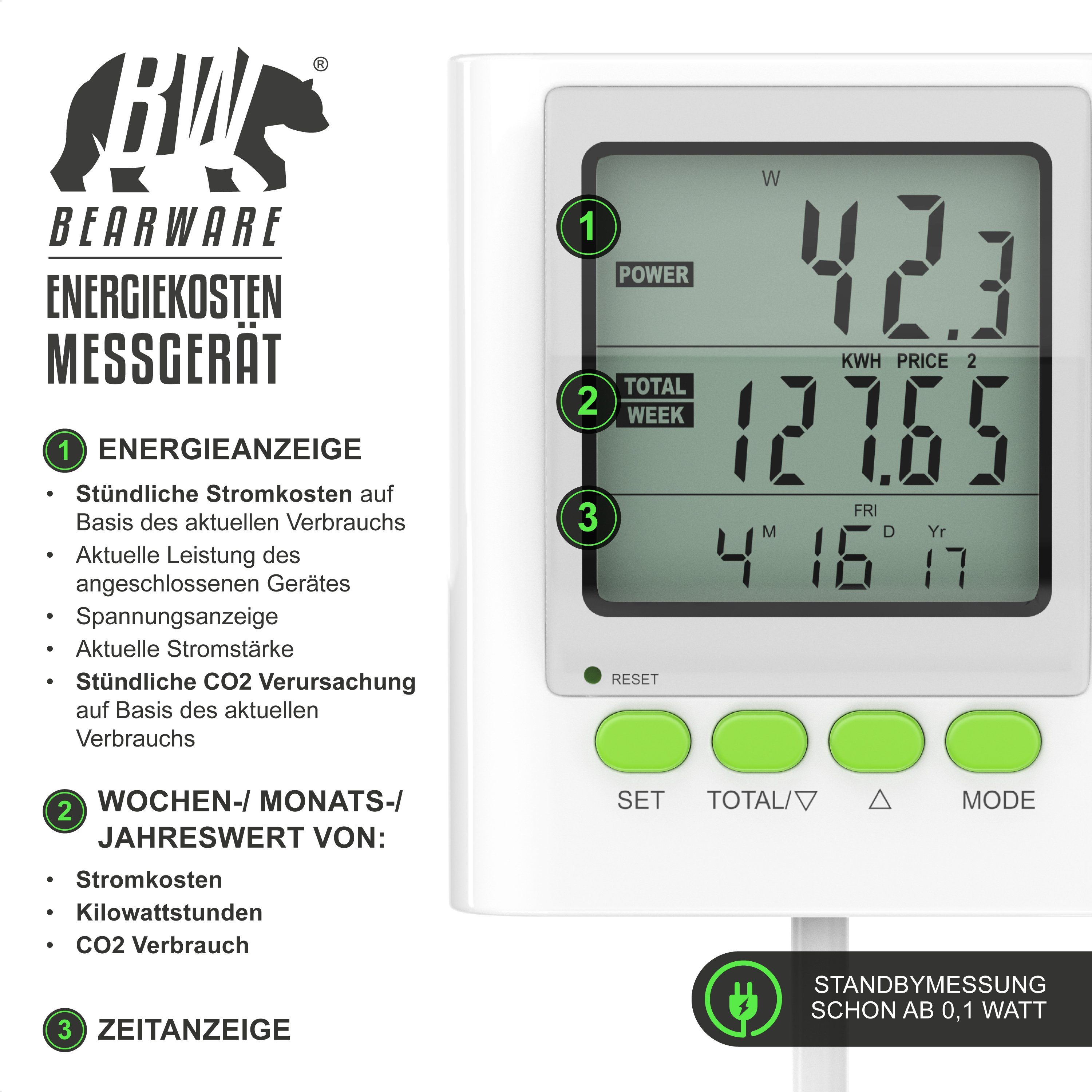 BEARWARE Energiekostenmessgerät Stromverbrauchszähler mit Kabelverlängerung & Stromkostenmonitor, Stromkostenmessgerät, Datum, Uhrzeit, Kosten, CO2, max. 3680 Watt